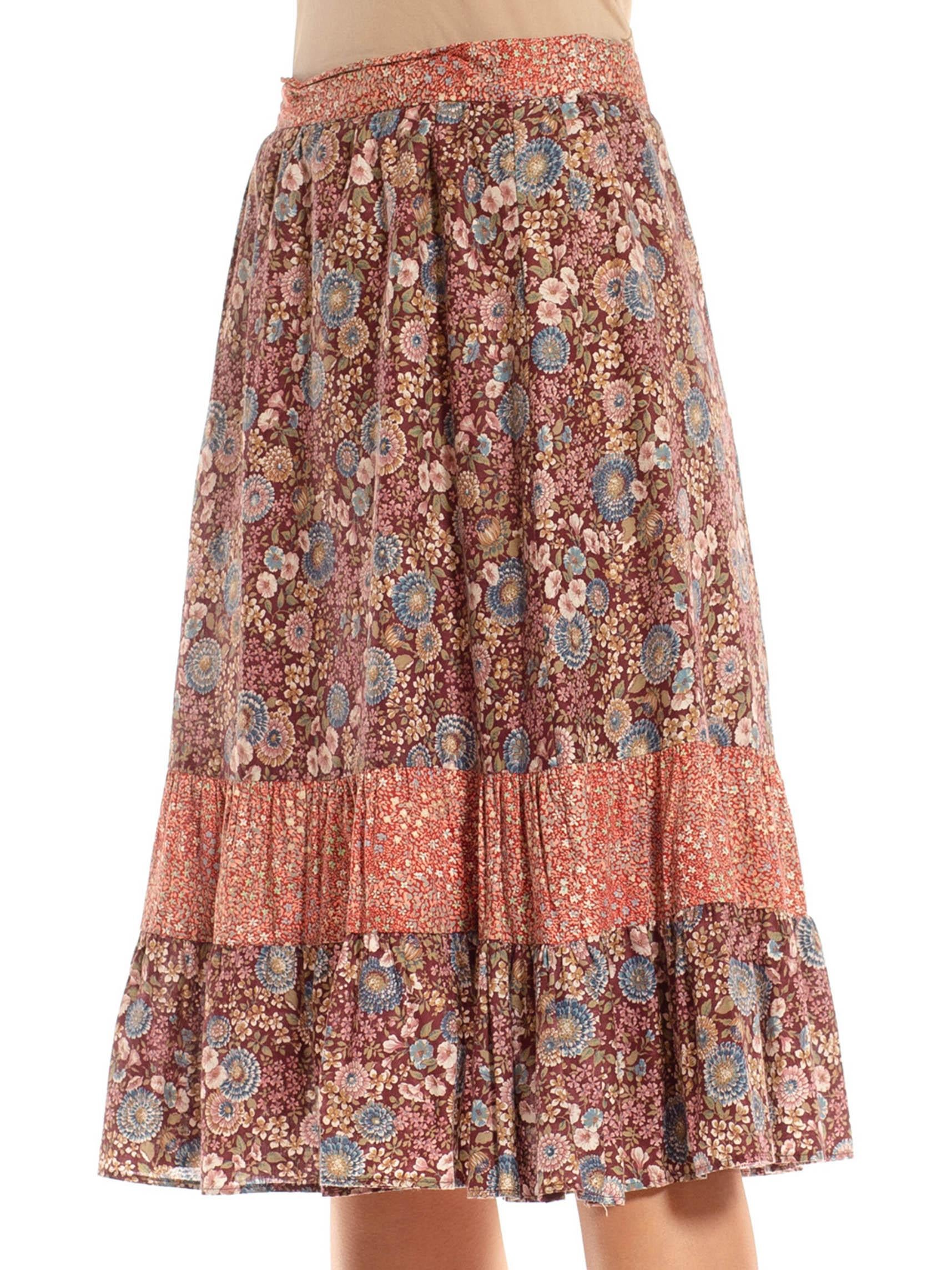 1970S Burgundy & Dusty Pink Cotton Ditsy Floral Print Mix Skirt For Sale 1