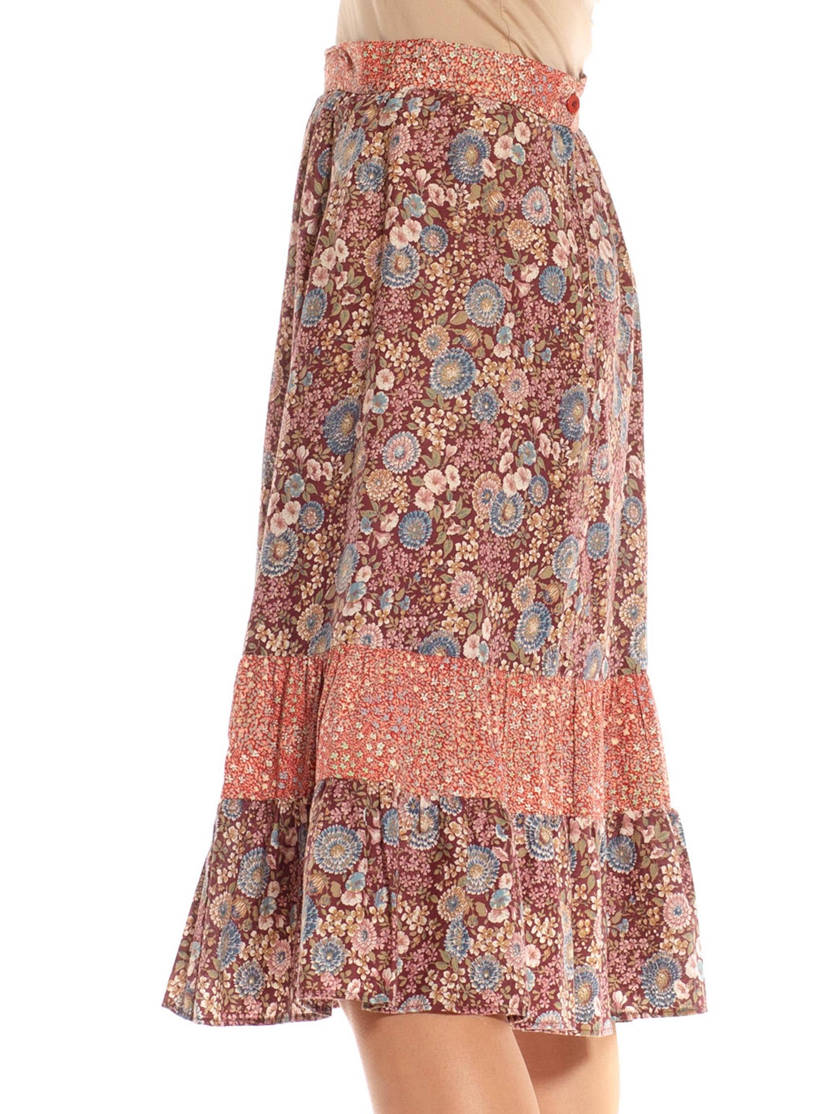 1970S Burgundy & Dusty Pink Cotton Ditsy Floral Print Mix Skirt For Sale 2