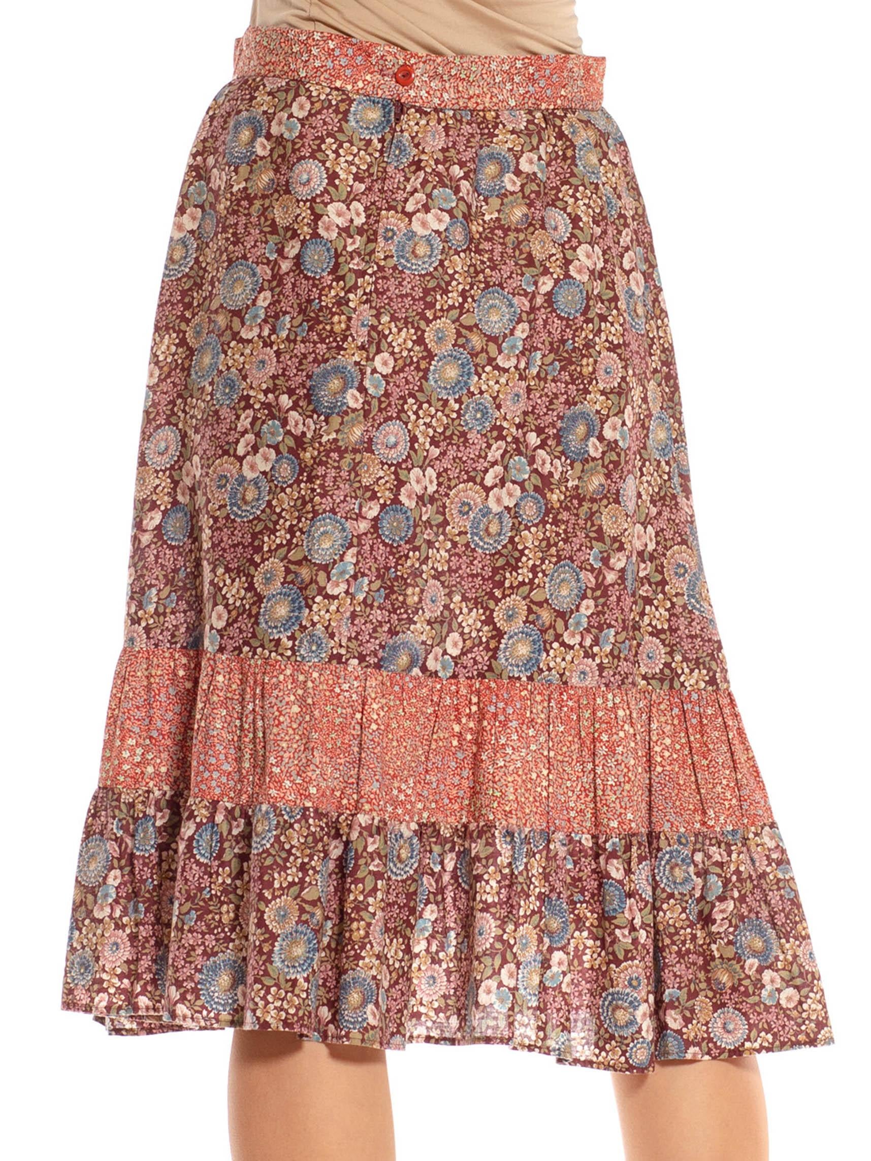 1970S Burgundy & Dusty Pink Cotton Ditsy Floral Print Mix Skirt For Sale 3