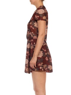 1970S Burgundy  Floral Print Polyester Short Sleeve Dress With Elastic Waist