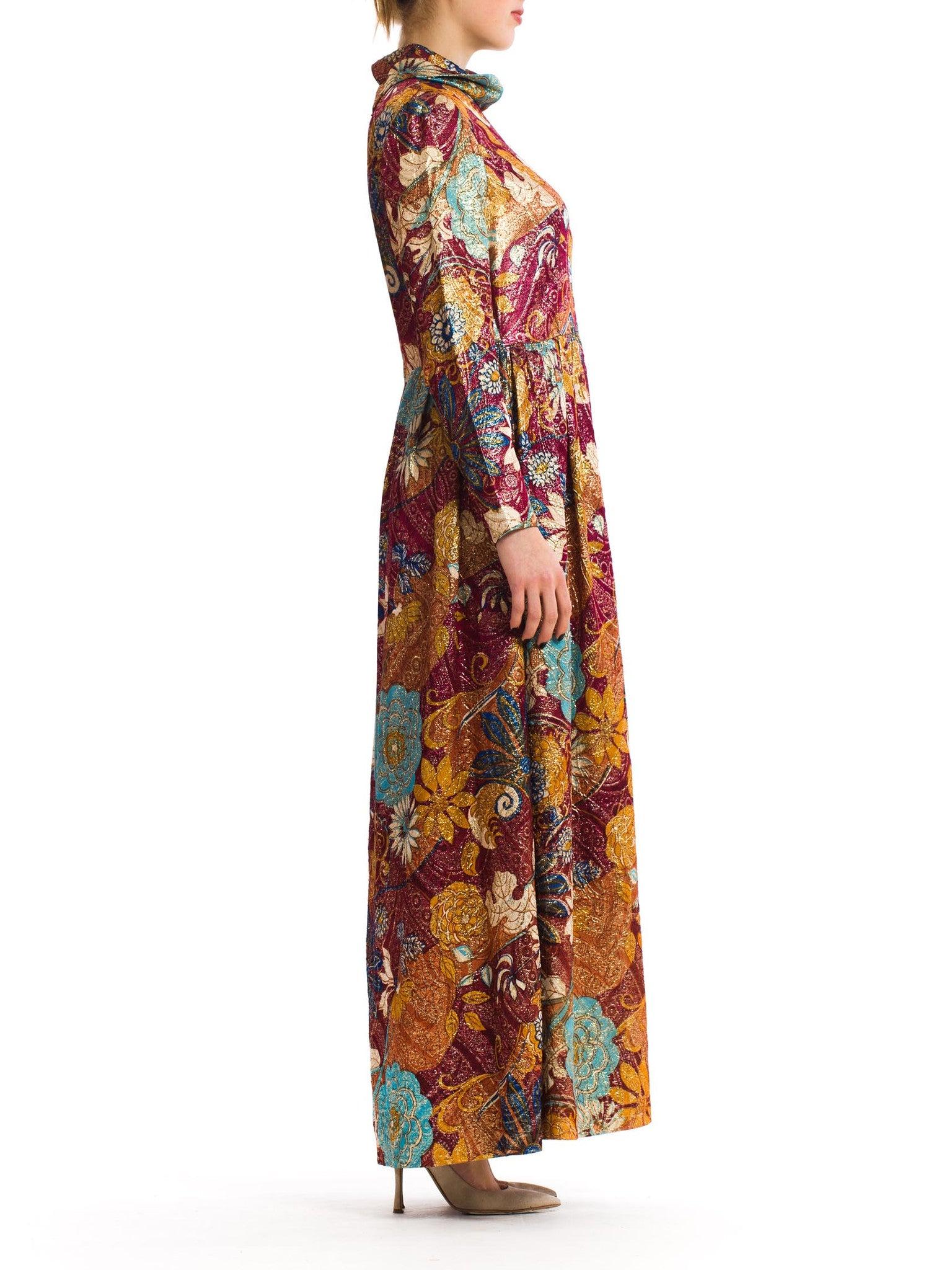 Women's 1970S Burgundy & Gold Acetate/Lurex Matelassé Lamé Loose Cut Evening Dress For Sale
