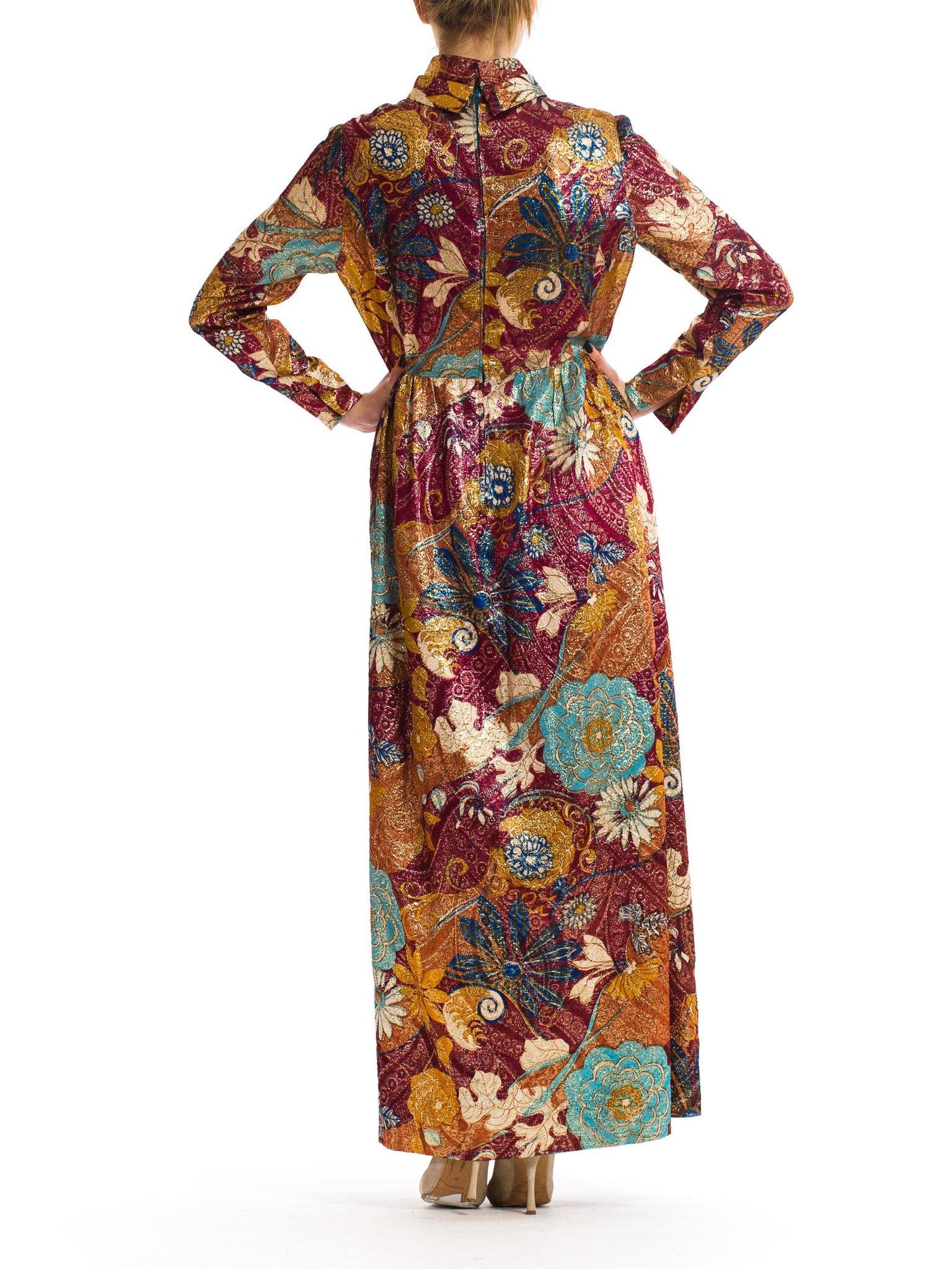 1970S Burgundy & Gold Acetate/Lurex Matelassé Lamé Loose Cut Evening Dress For Sale 2