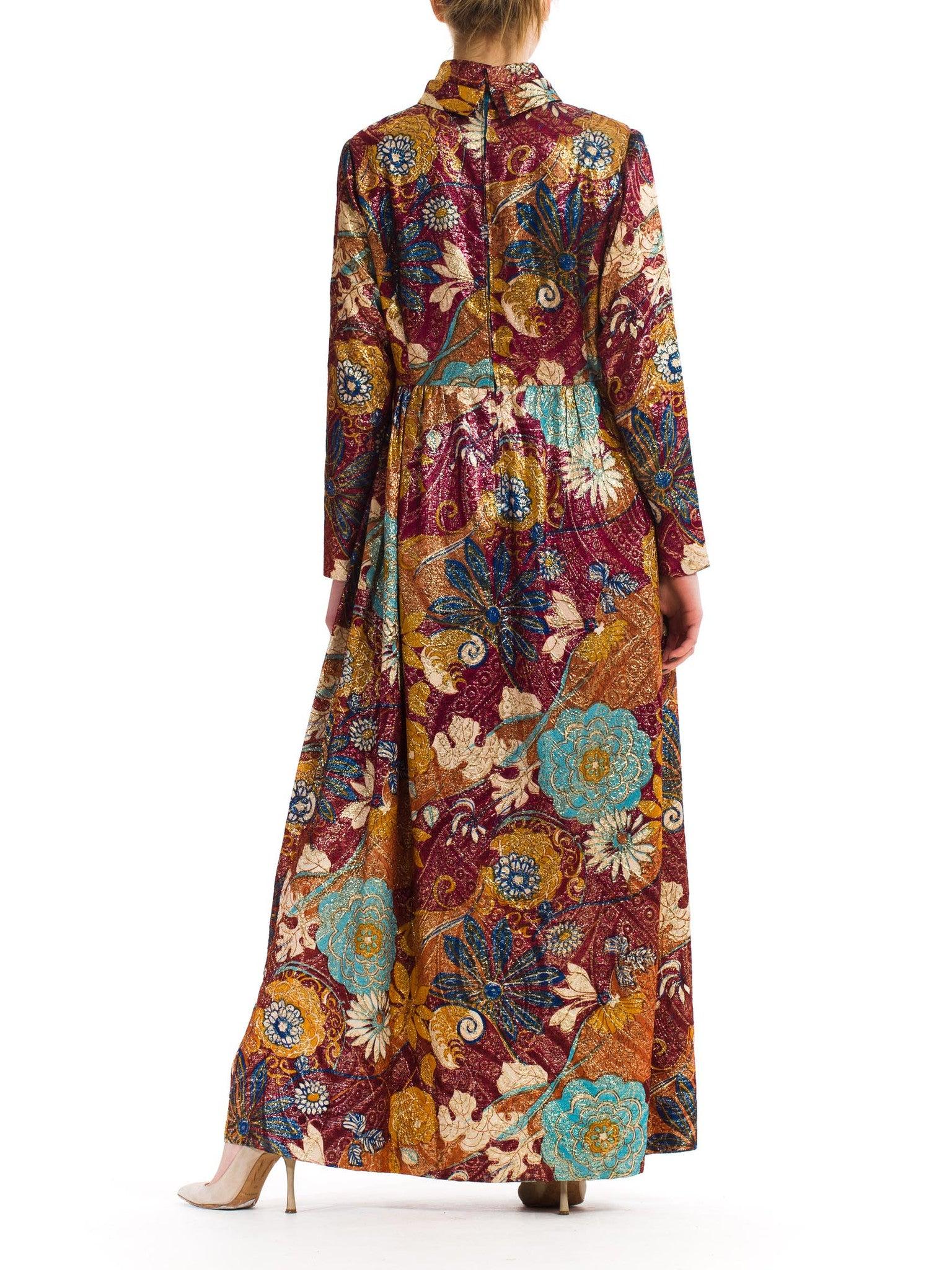 1970S Burgundy & Gold Acetate/Lurex Matelassé Lamé Loose Cut Evening Dress For Sale 3