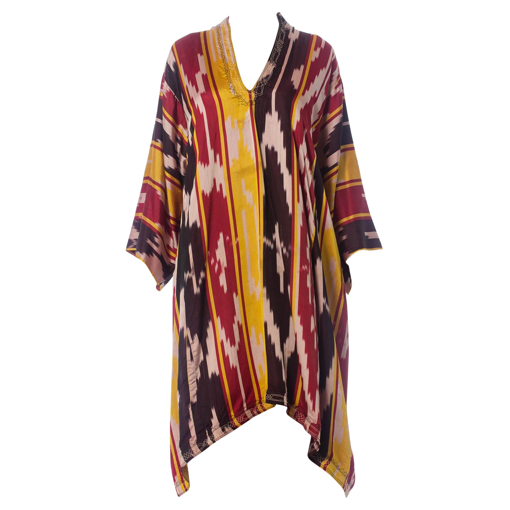 1970S Burgundy & Gold Silk Ikat Long Sleeve Unisex Kaftan With Pleated And Embr For Sale