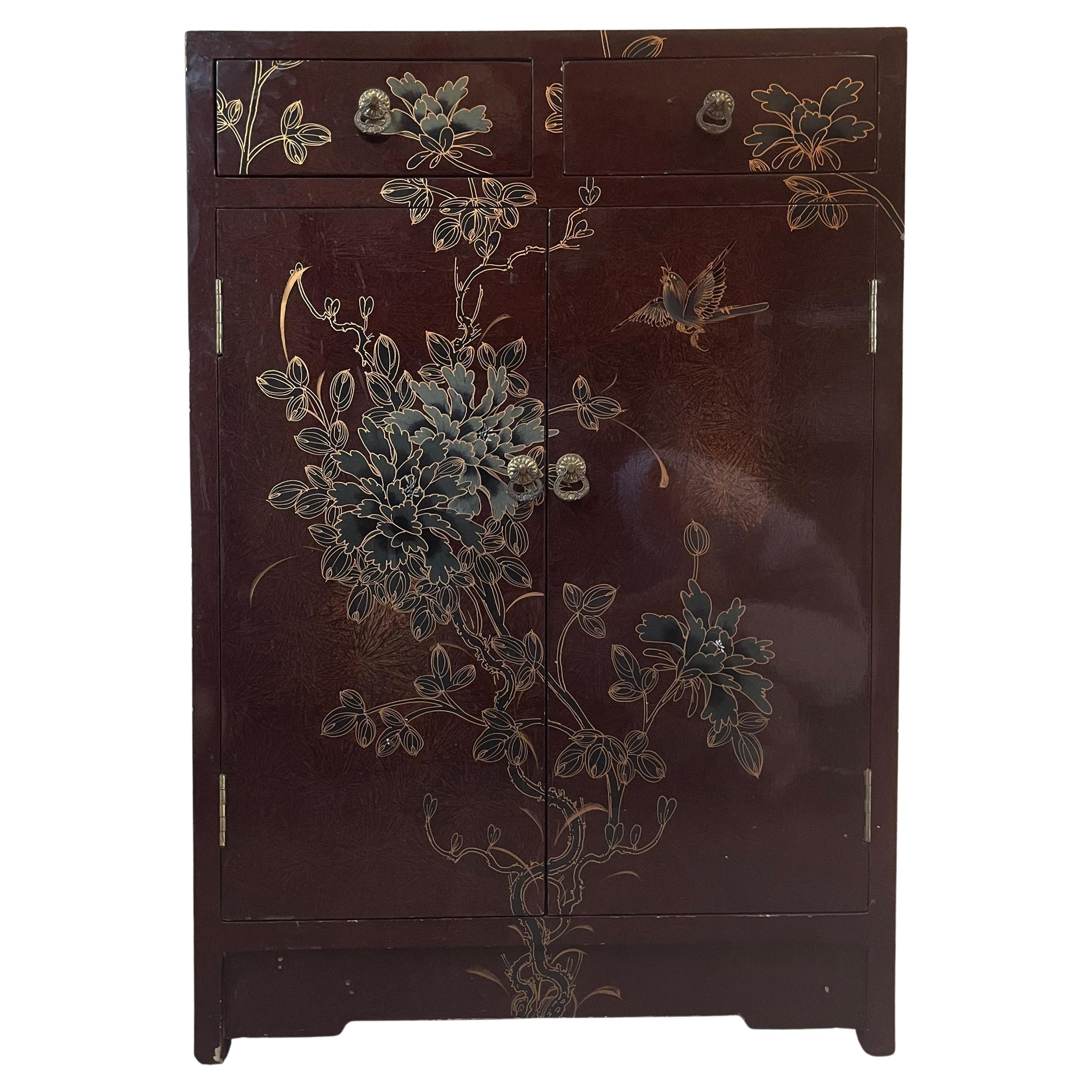 1970s Burgundy Lacquered Wood Hall Cabinet Chinoiserie