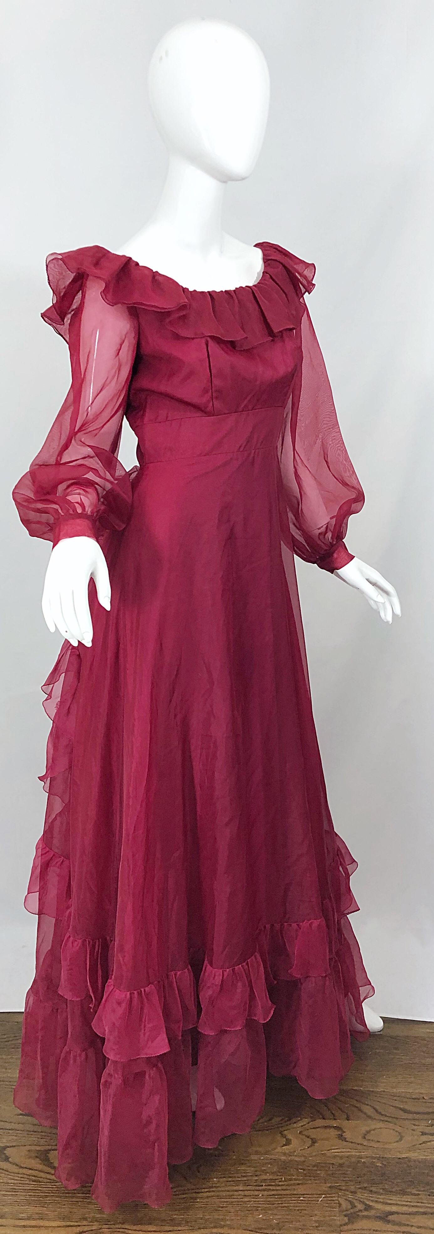 1970s Burgundy / Maroon Long Balloon Sleeve Chiffon Vintage 70s Maxi Dress For Sale 3