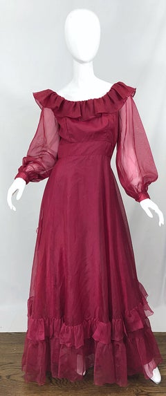 1970s Burgundy / Maroon Long Balloon Sleeve Chiffon Vintage 70s Maxi Dress