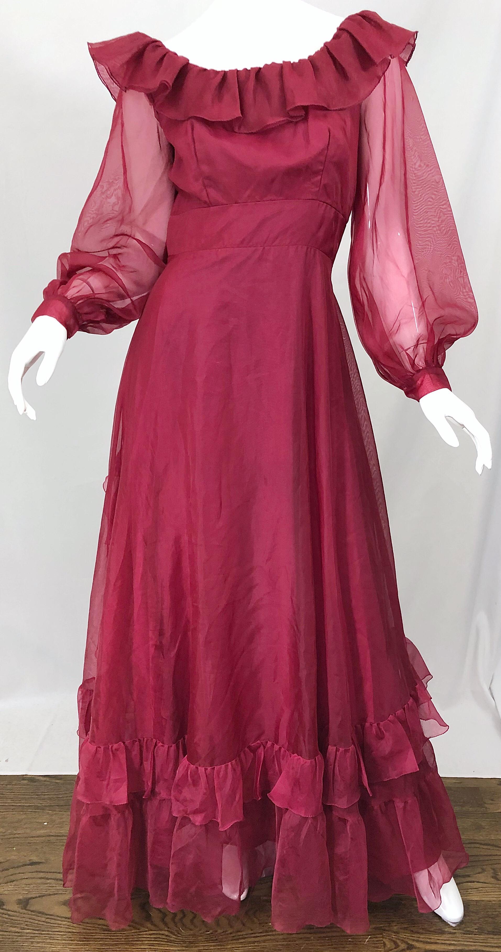 Red 1970s Burgundy / Maroon Long Balloon Sleeve Chiffon Vintage 70s Maxi Dress For Sale