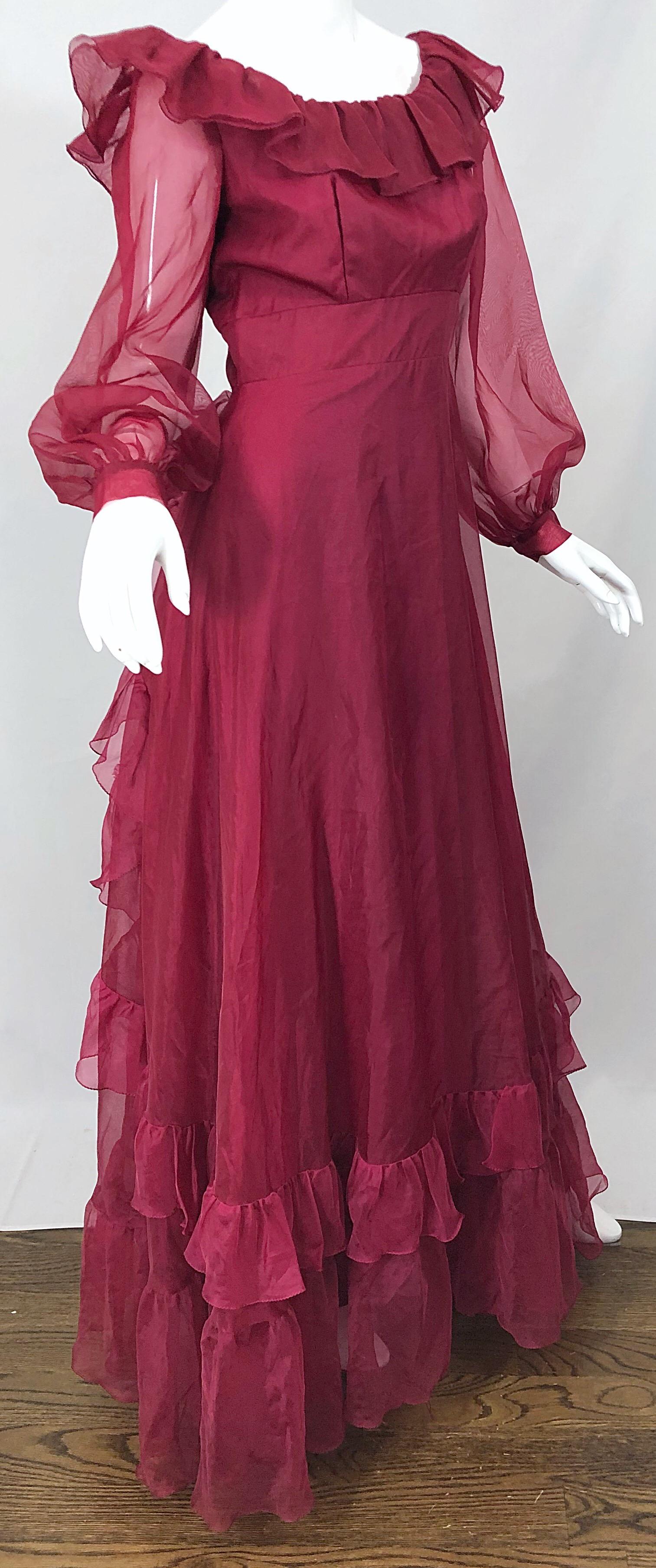 1970s Burgundy / Maroon Long Balloon Sleeve Chiffon Vintage 70s Maxi Dress In Excellent Condition For Sale In San Diego, CA