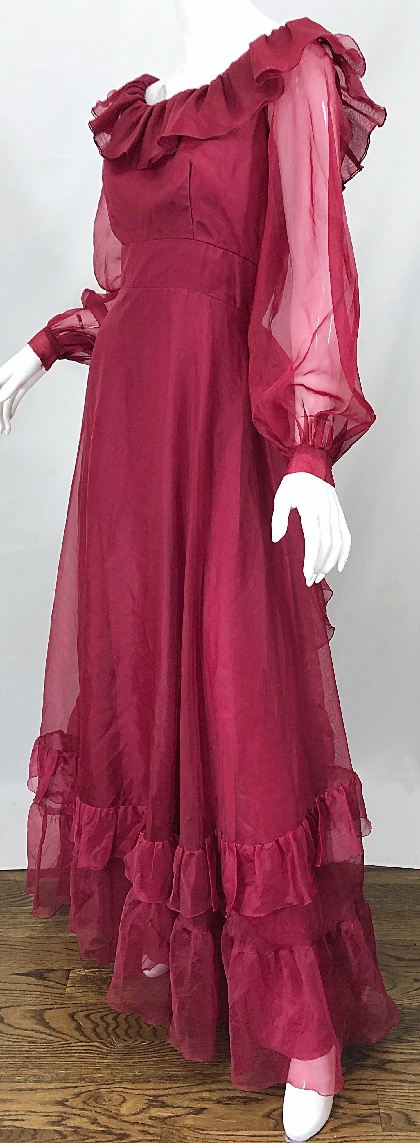 1970s Burgundy / Maroon Long Balloon Sleeve Chiffon Vintage 70s Maxi Dress For Sale 1