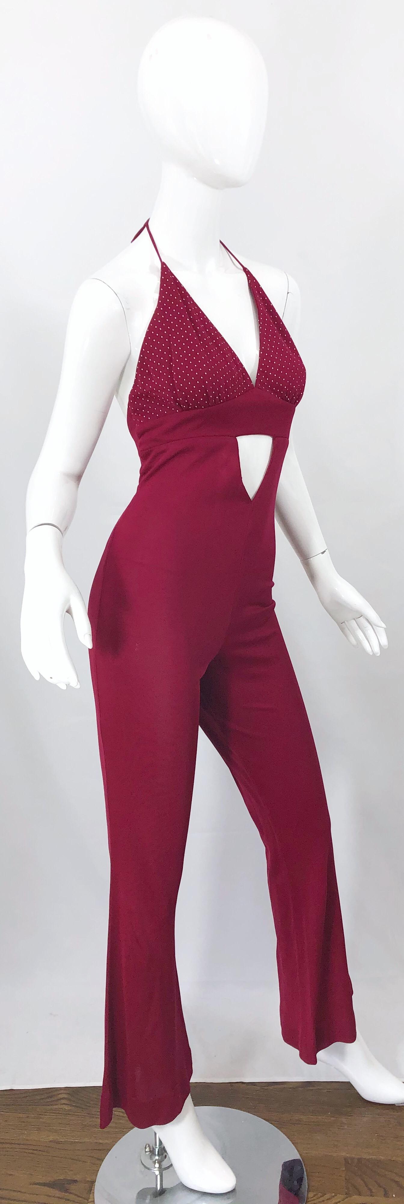 1970s Burgundy Polka Dot Cut-Out Flared Leg Vintage 70s Halter Jumpsuit In Good Condition For Sale In San Diego, CA