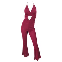 1970s Burgundy Polka Dot Cut-Out Flared Leg Retro 70s Halter Jumpsuit