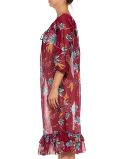 1970S Burgundy  Poly Blend Blue & Yellow Floral Print Dress With Ruffle Hem