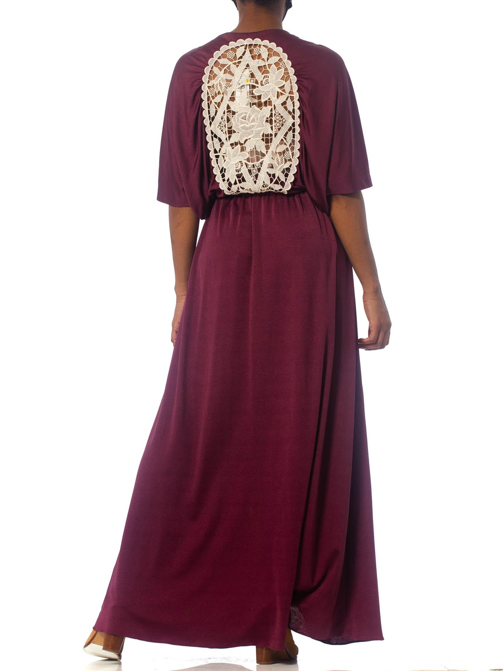 Black 1970S Burgundy Polyester Jersey Maxi Wrap Dress With Sheer Lace Back For Sale