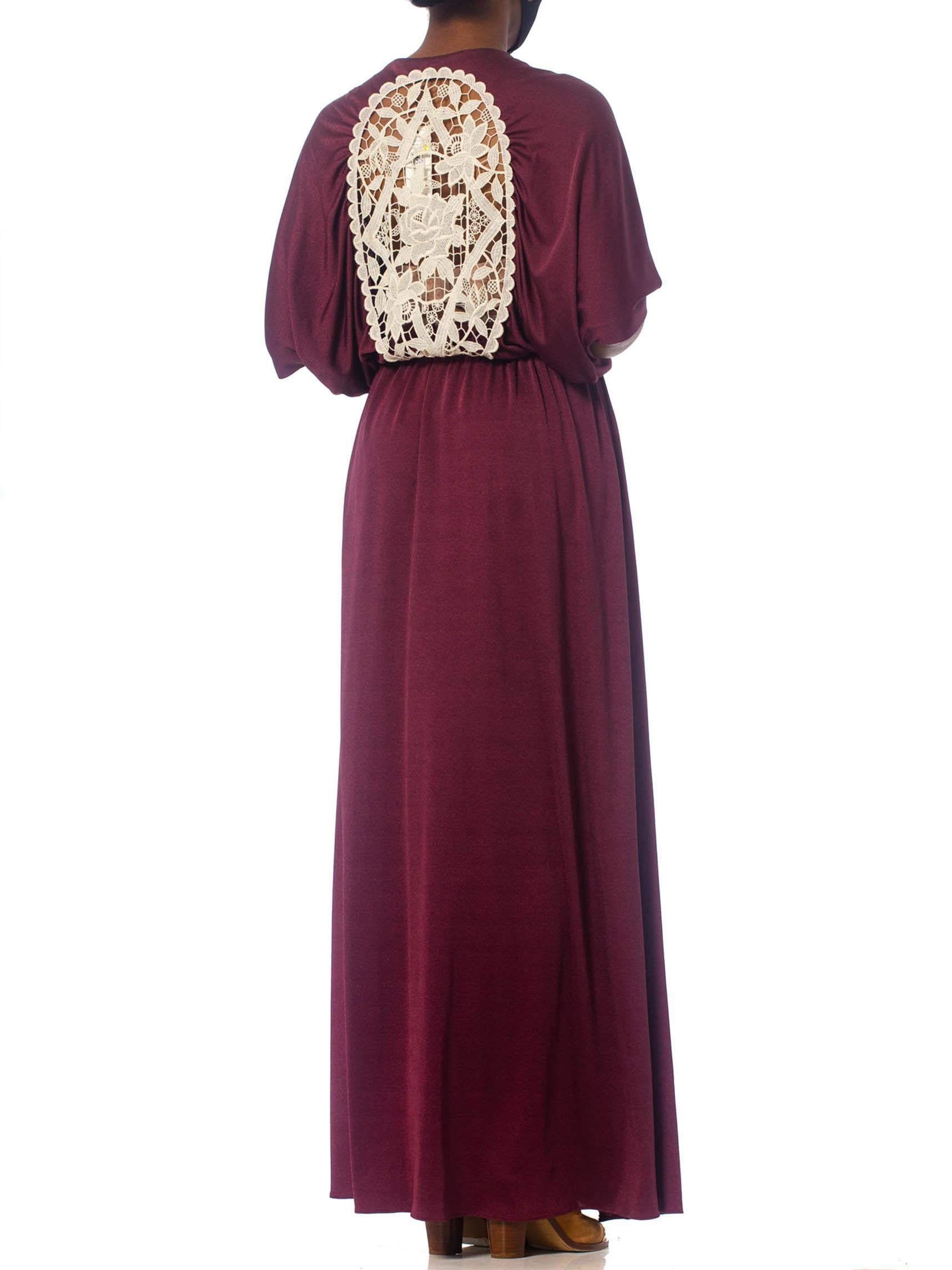 1970S Burgundy Polyester Jersey Maxi Wrap Dress With Sheer Lace Back In Excellent Condition For Sale In New York, NY