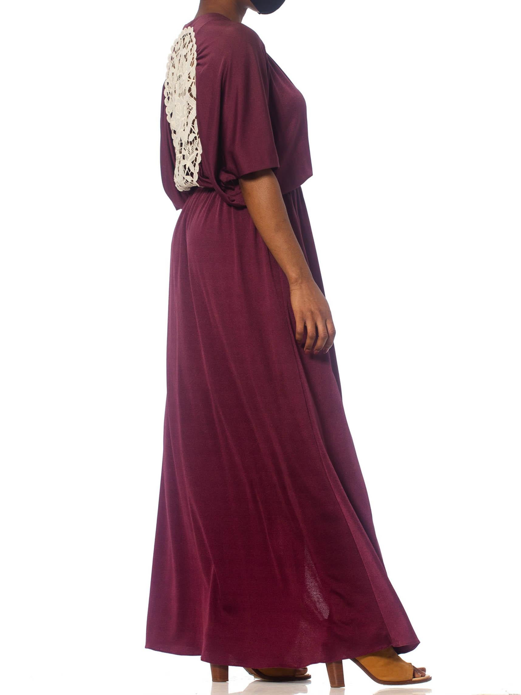 Women's 1970S Burgundy Polyester Jersey Maxi Wrap Dress With Sheer Lace Back For Sale