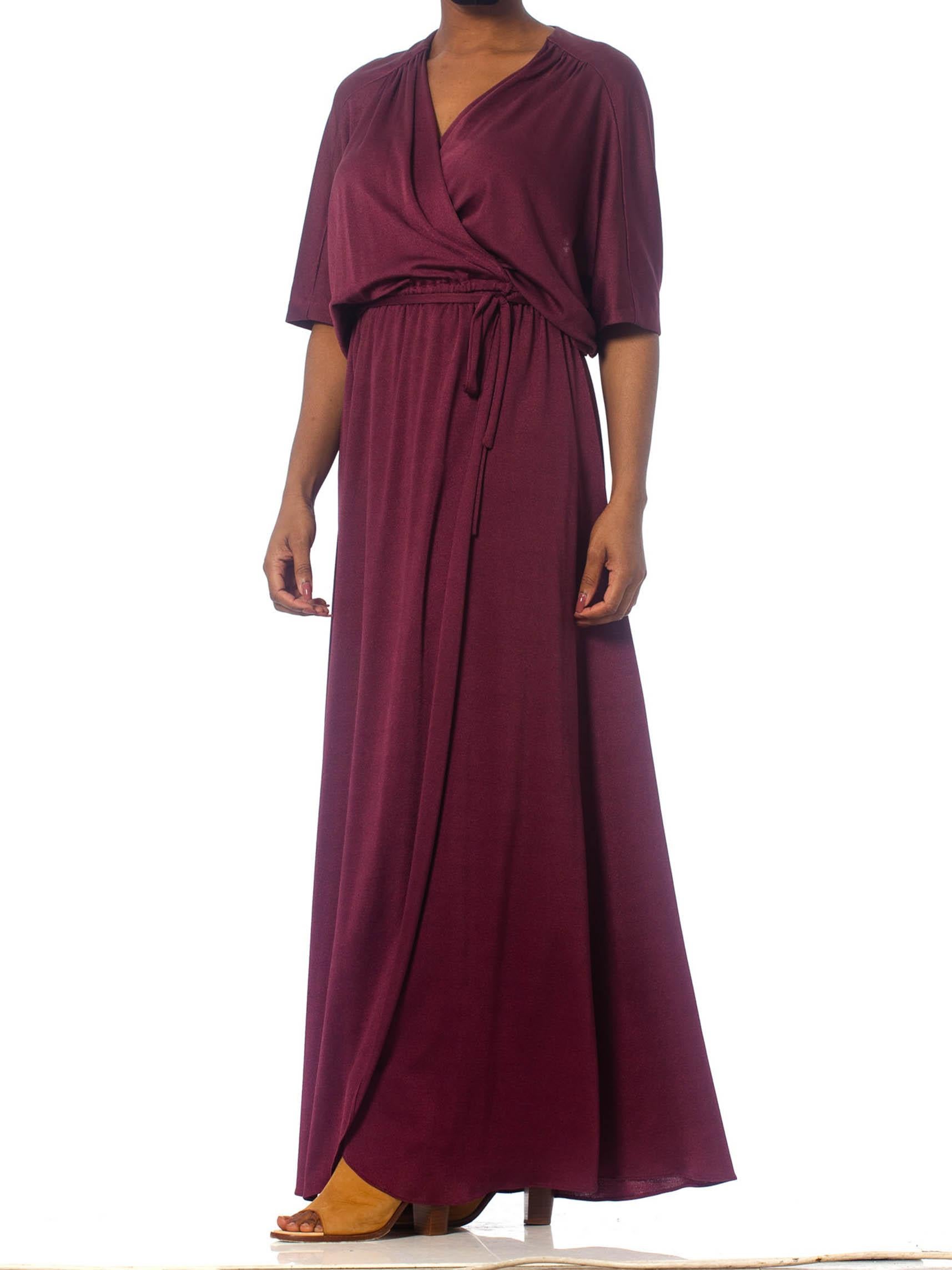 1970S Burgundy Polyester Jersey Maxi Wrap Dress With Sheer Lace Back For Sale 1
