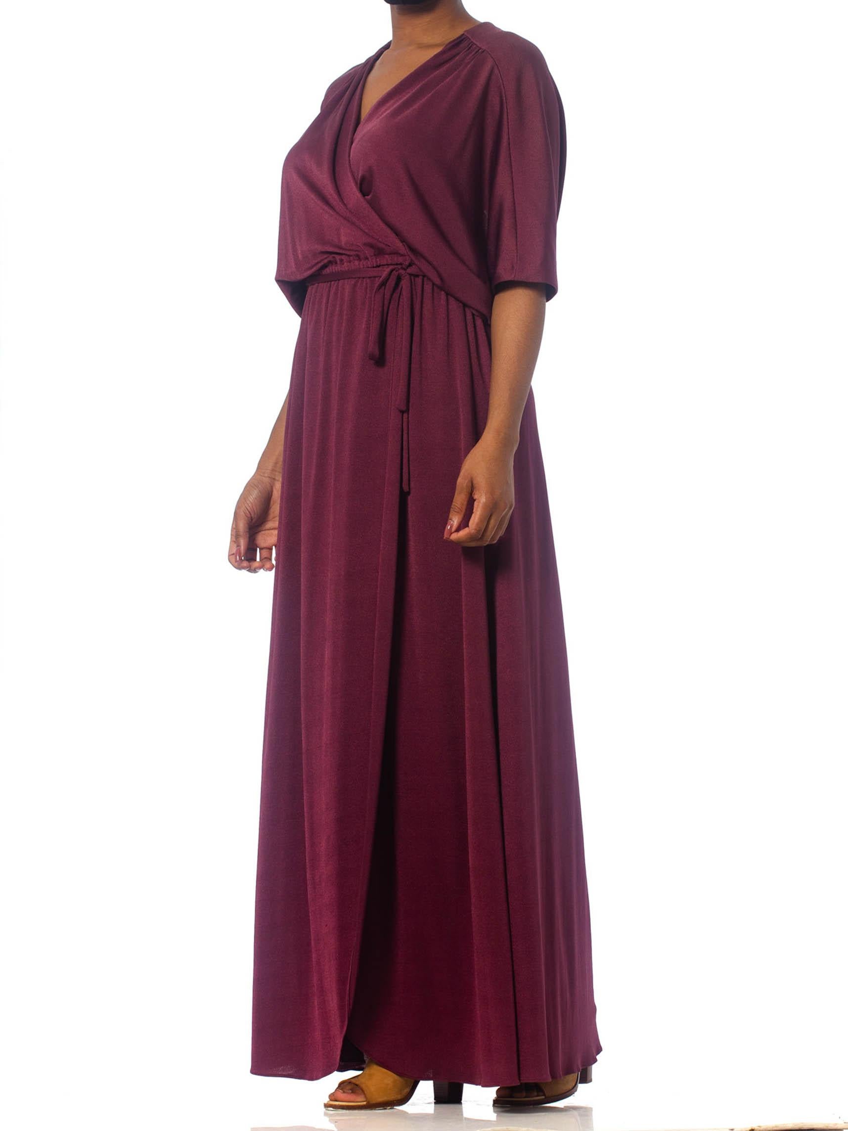 1970S Burgundy Polyester Jersey Maxi Wrap Dress With Sheer Lace Back For Sale 2