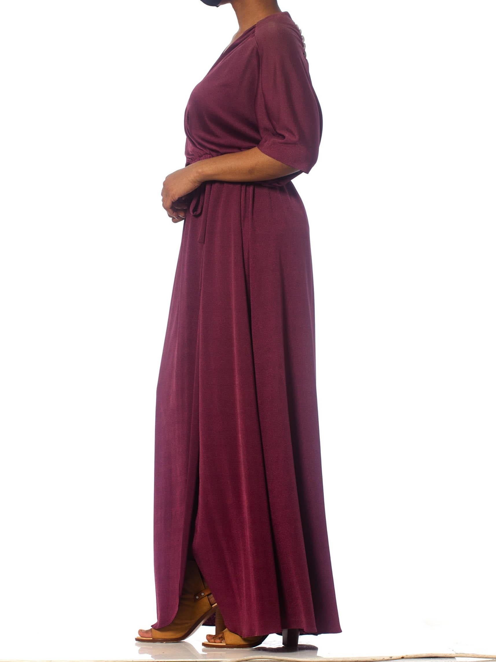 1970S Burgundy Polyester Jersey Maxi Wrap Dress With Sheer Lace Back For Sale 3