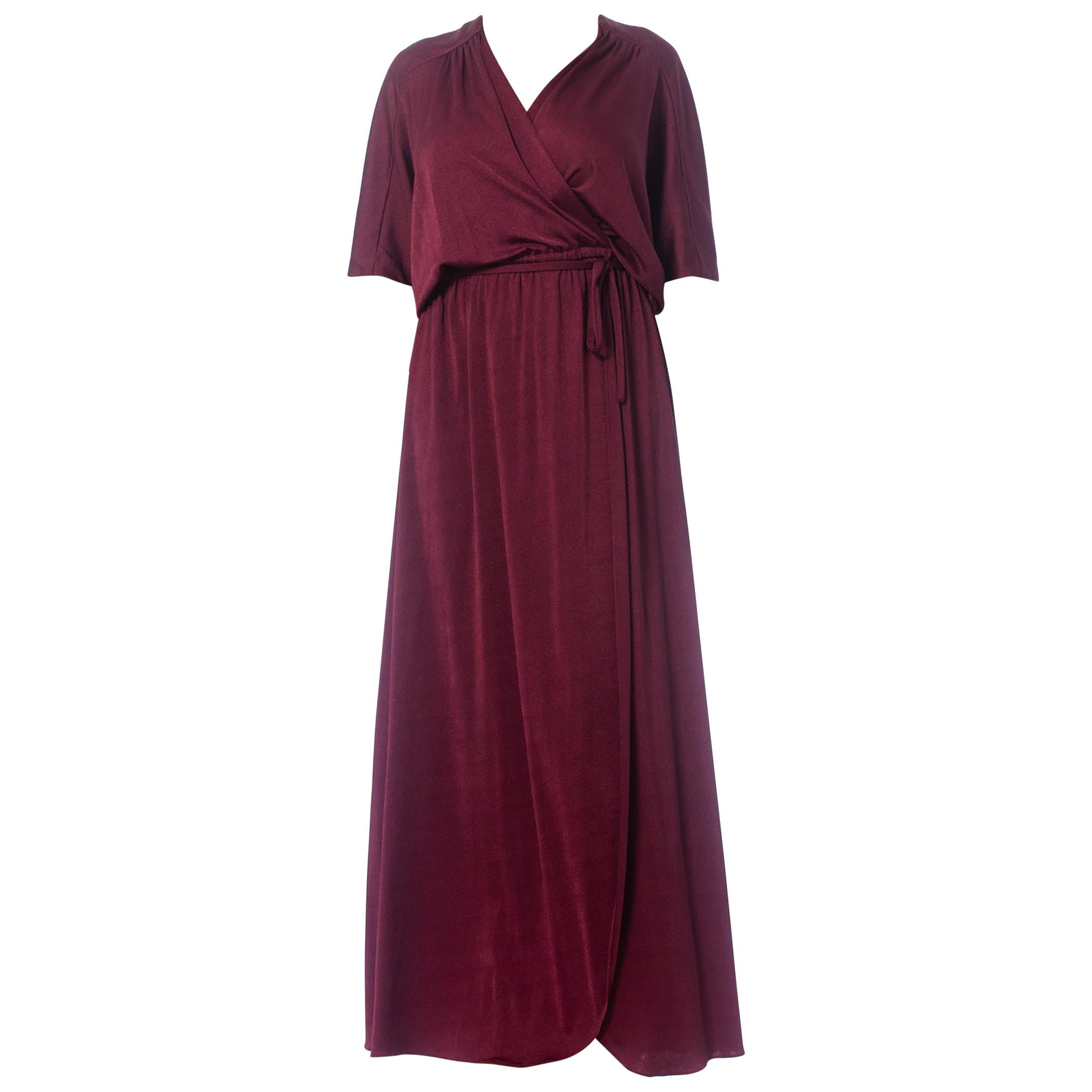 1970S Burgundy Polyester Jersey Maxi Wrap Dress With Sheer Lace Back For Sale