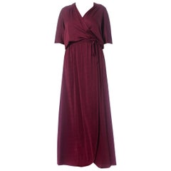 1970S Burgundy Polyester Jersey Maxi Wrap Dress With Sheer Lace Back