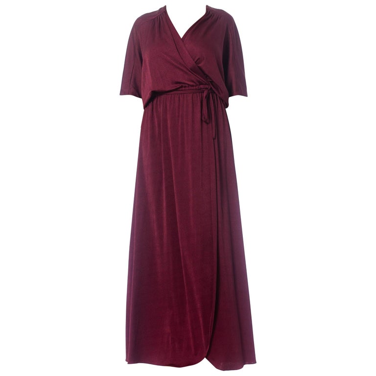 1970S Burgundy Polyester Jersey Maxi Wrap Dress With Sheer Lace Back ...