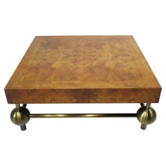 1970
s Burl and Satin Brass Based Coffee Table in the style of Milo Baughman