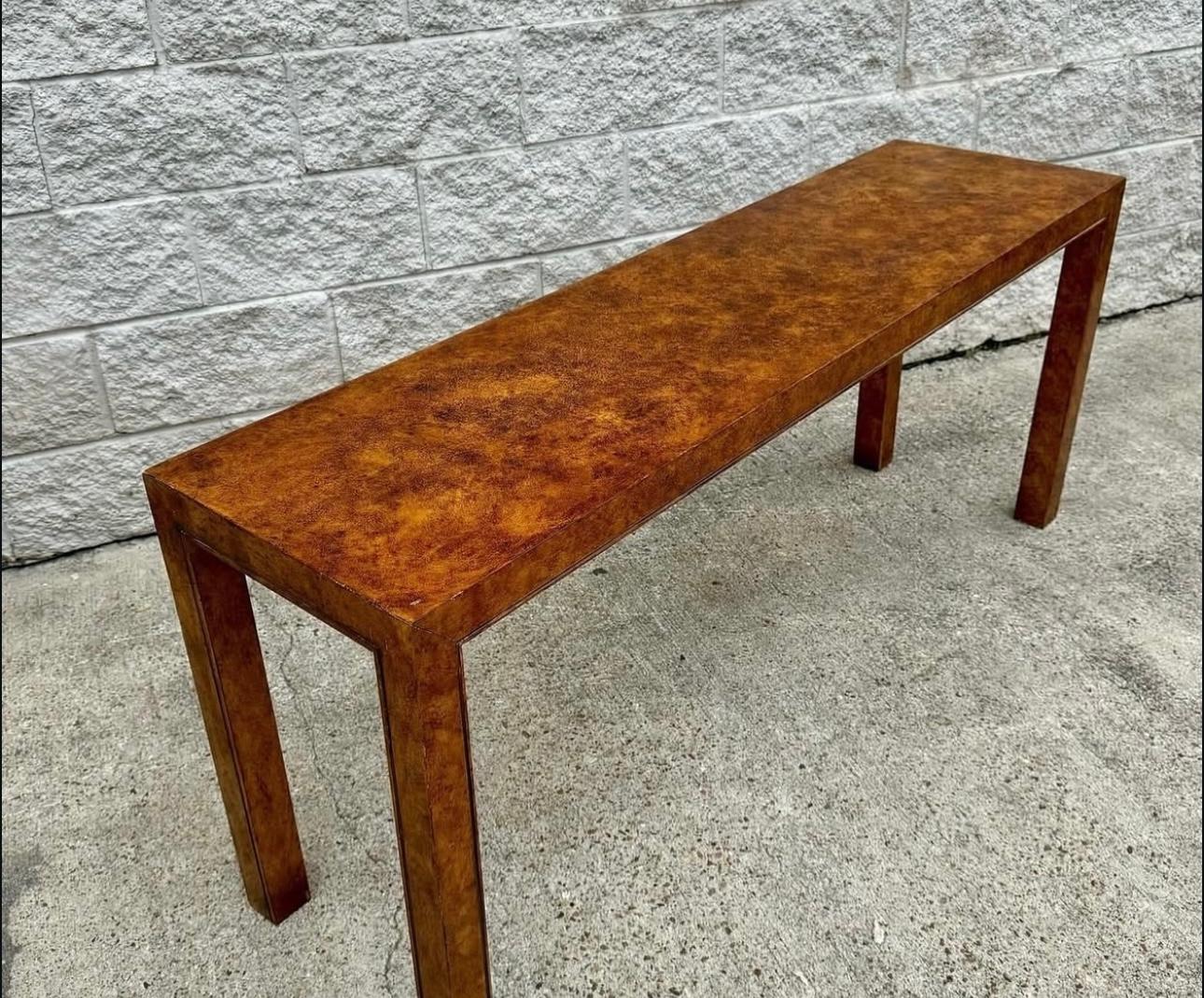 1970s Burl Faux Finish Parson Sofa Table Low Console For Sale 3