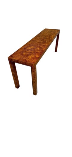 1970s Burl Faux Finish Parson Sofa Table Low Console