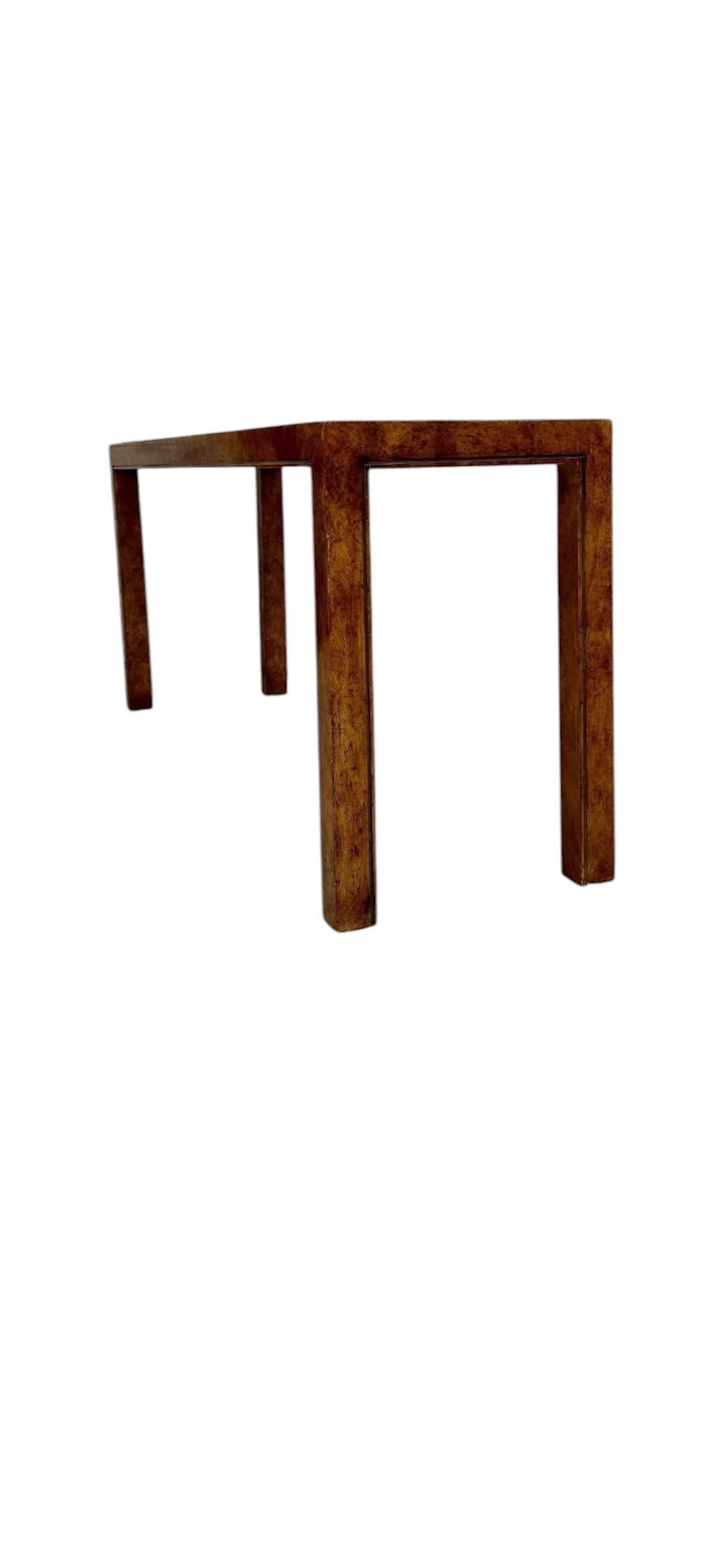 Hollywood Regency 1970s Burl Faux Finish Parson Sofa Table Low Console For Sale