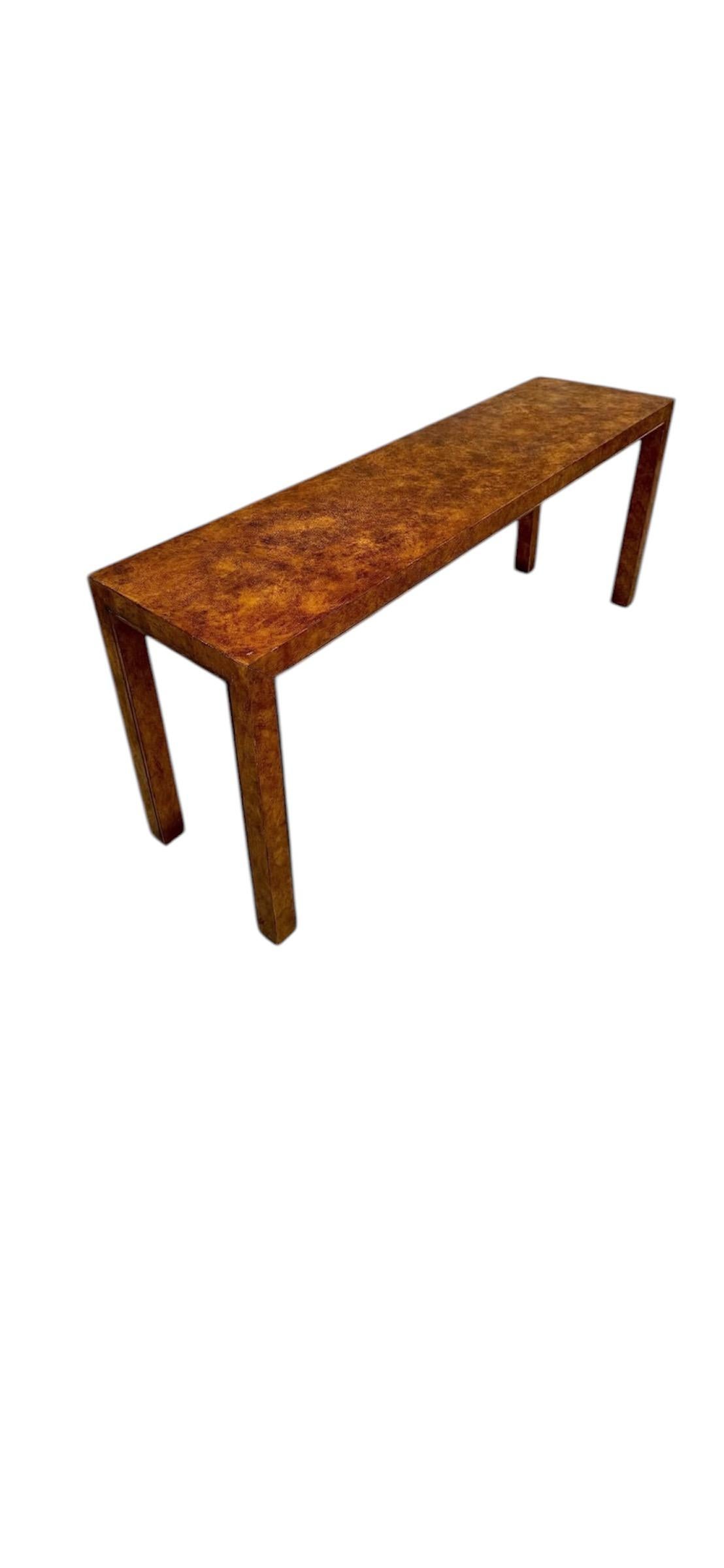 American 1970s Burl Faux Finish Parson Sofa Table Low Console For Sale