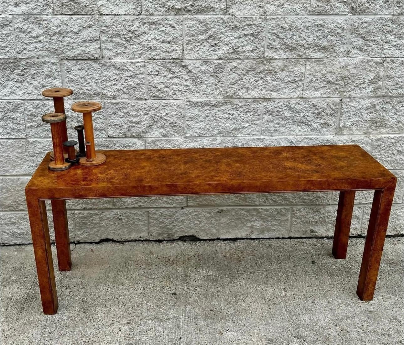 Faux Bois 1970s Burl Faux Finish Parson Sofa Table Low Console For Sale