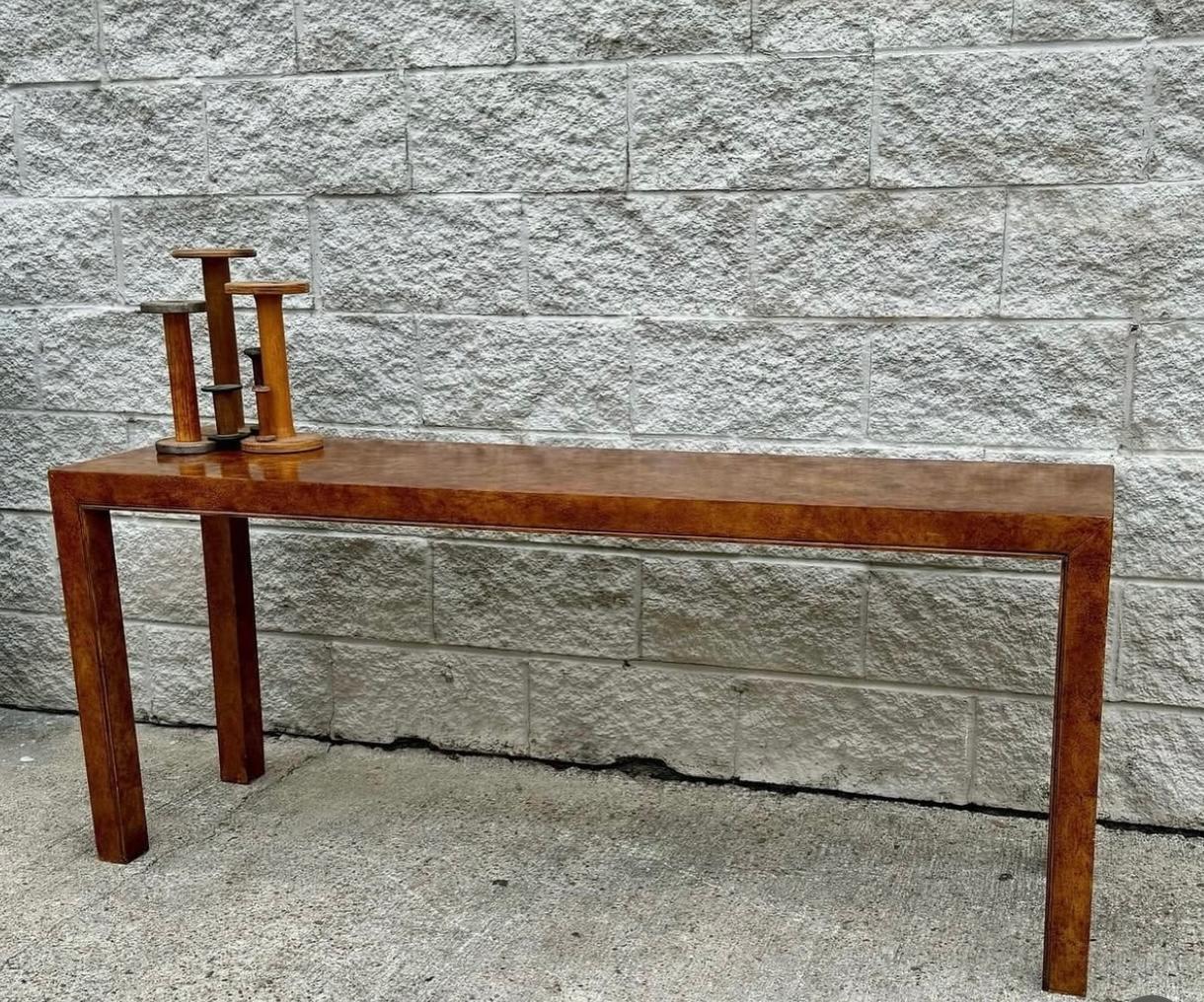 1970s Burl Faux Finish Parson Sofa Table Low Console For Sale 1