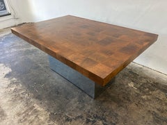 1970s Burl Patchwork Dining Table and Chrome Base attributed to Milo Baughman