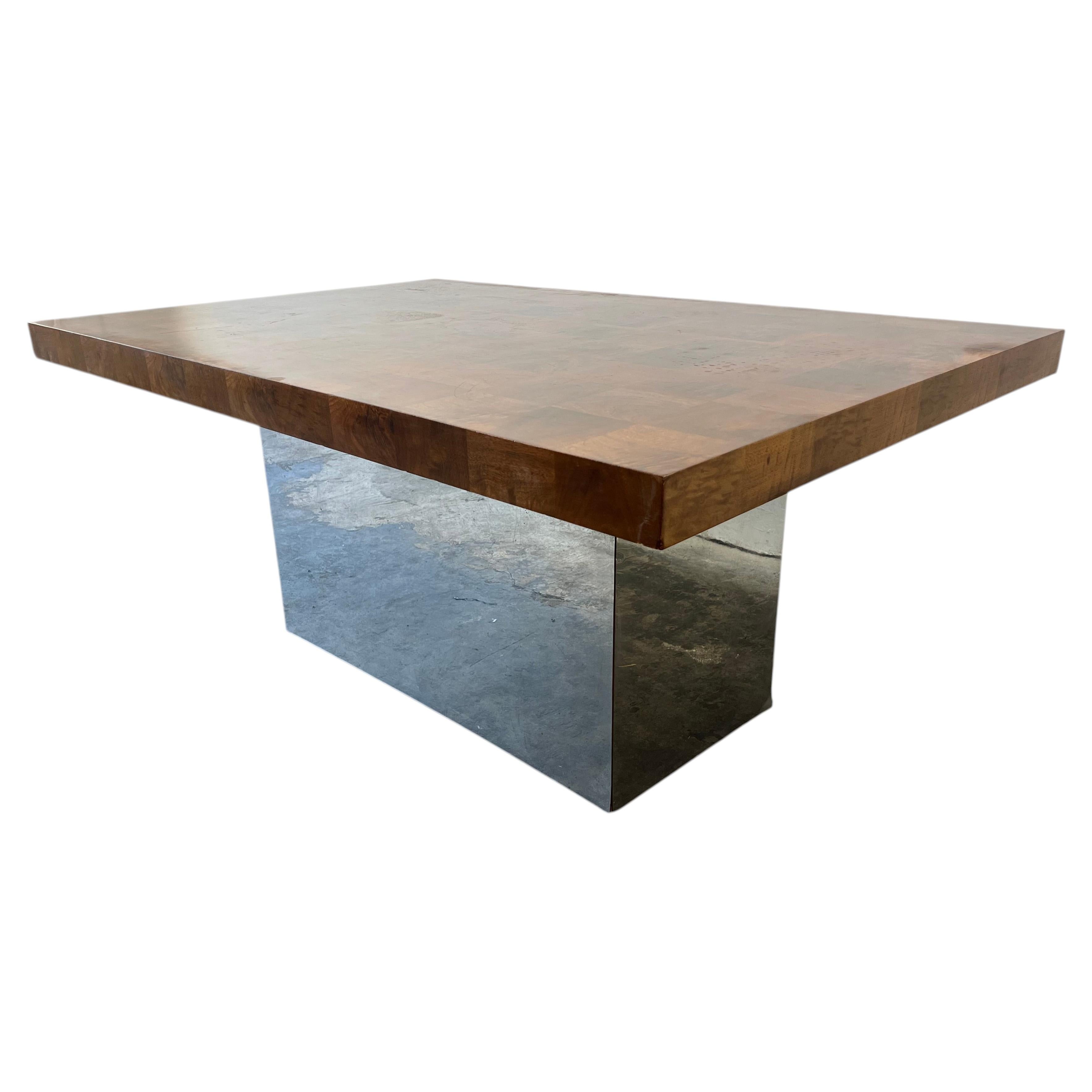 1970s Burl Patchwork Dining Table and Chrome Base attributed to Milo Baughman For Sale