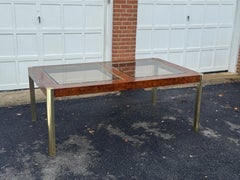 1970s Burl Wood and Brass Dining Table in Style of Milo Baughman