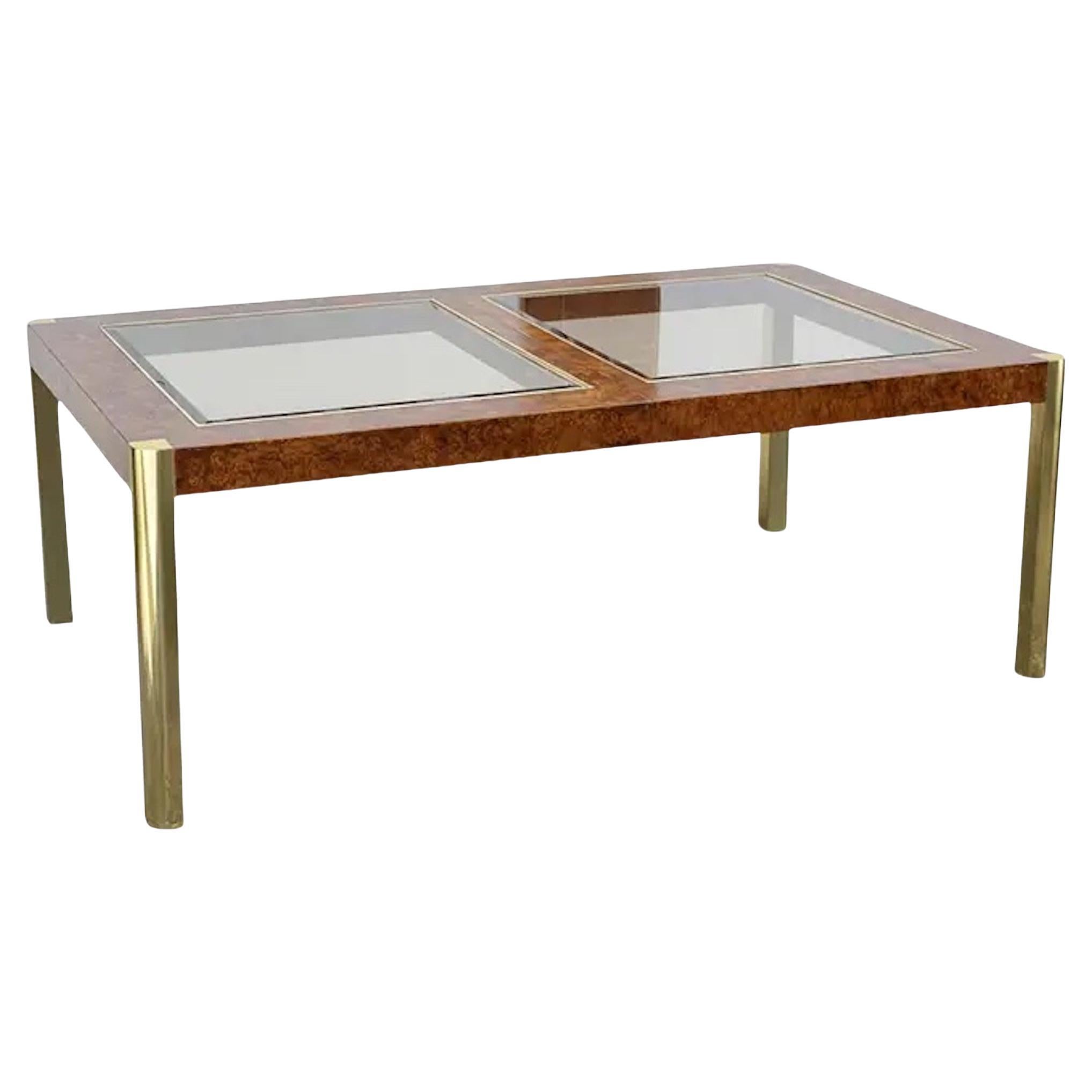 1970s Burl Wood and Brass Dining Table in Style of Milo Baughman