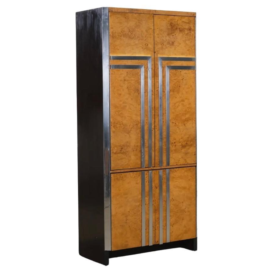 1970s Burl Wood and Chrome Armoire For Sale
