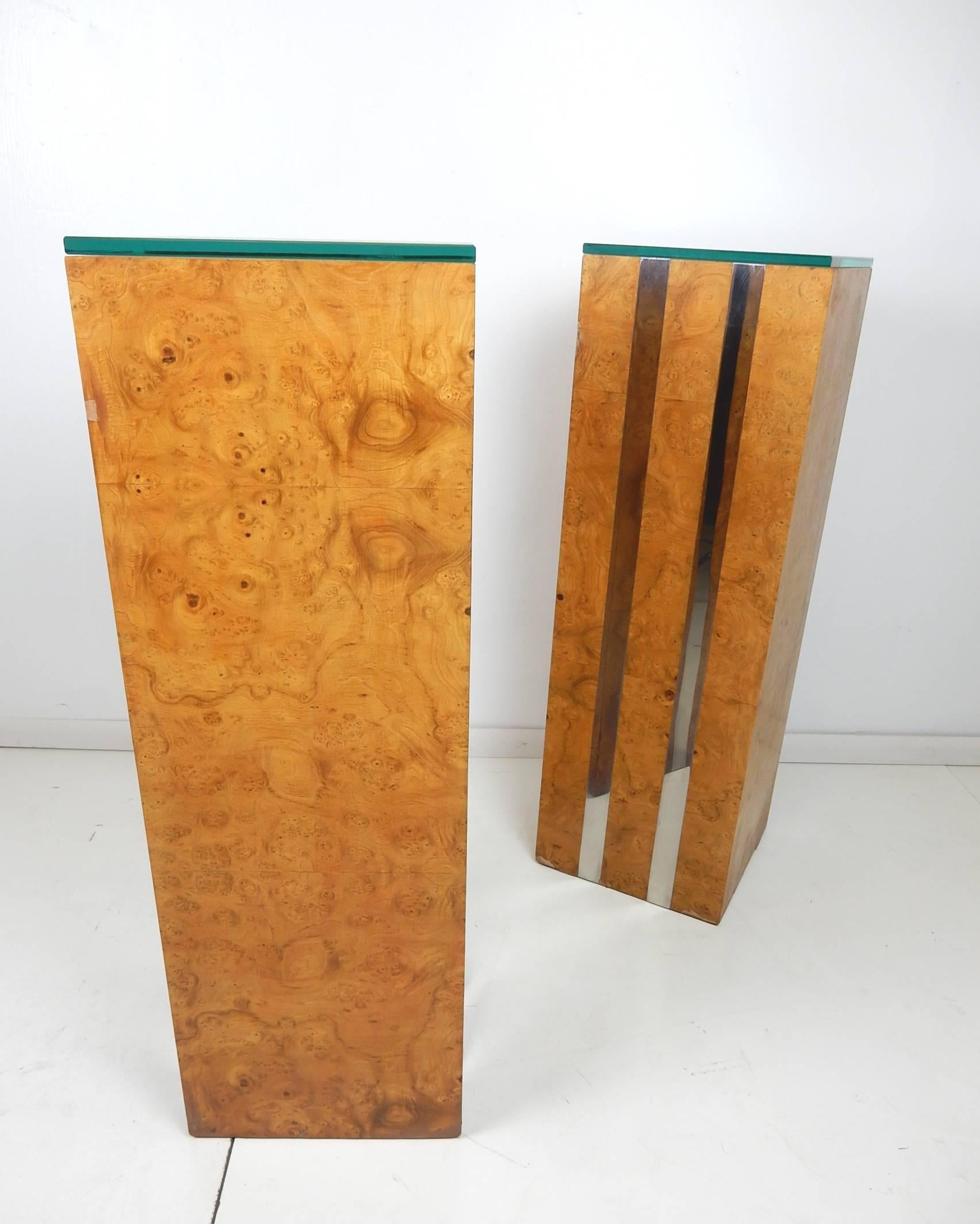 Mid-Century Modern 1970s Burl Wood and Chrome Banded Pedestals in Style of Paul Evans