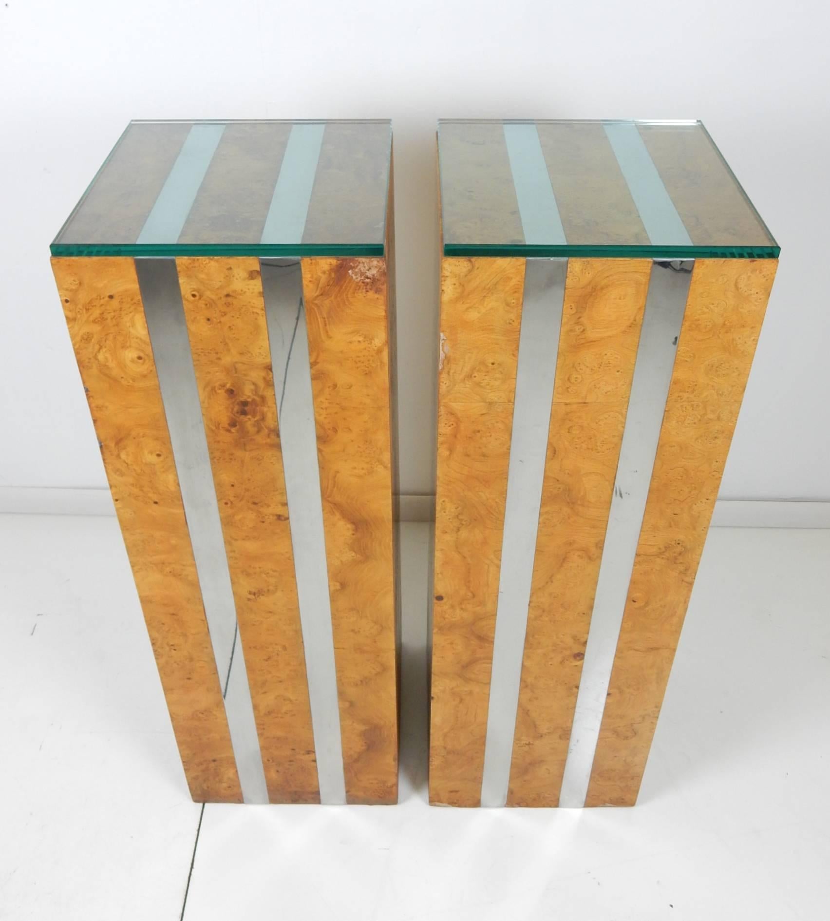 Late 20th Century 1970s Burl Wood and Chrome Banded Pedestals in Style of Paul Evans