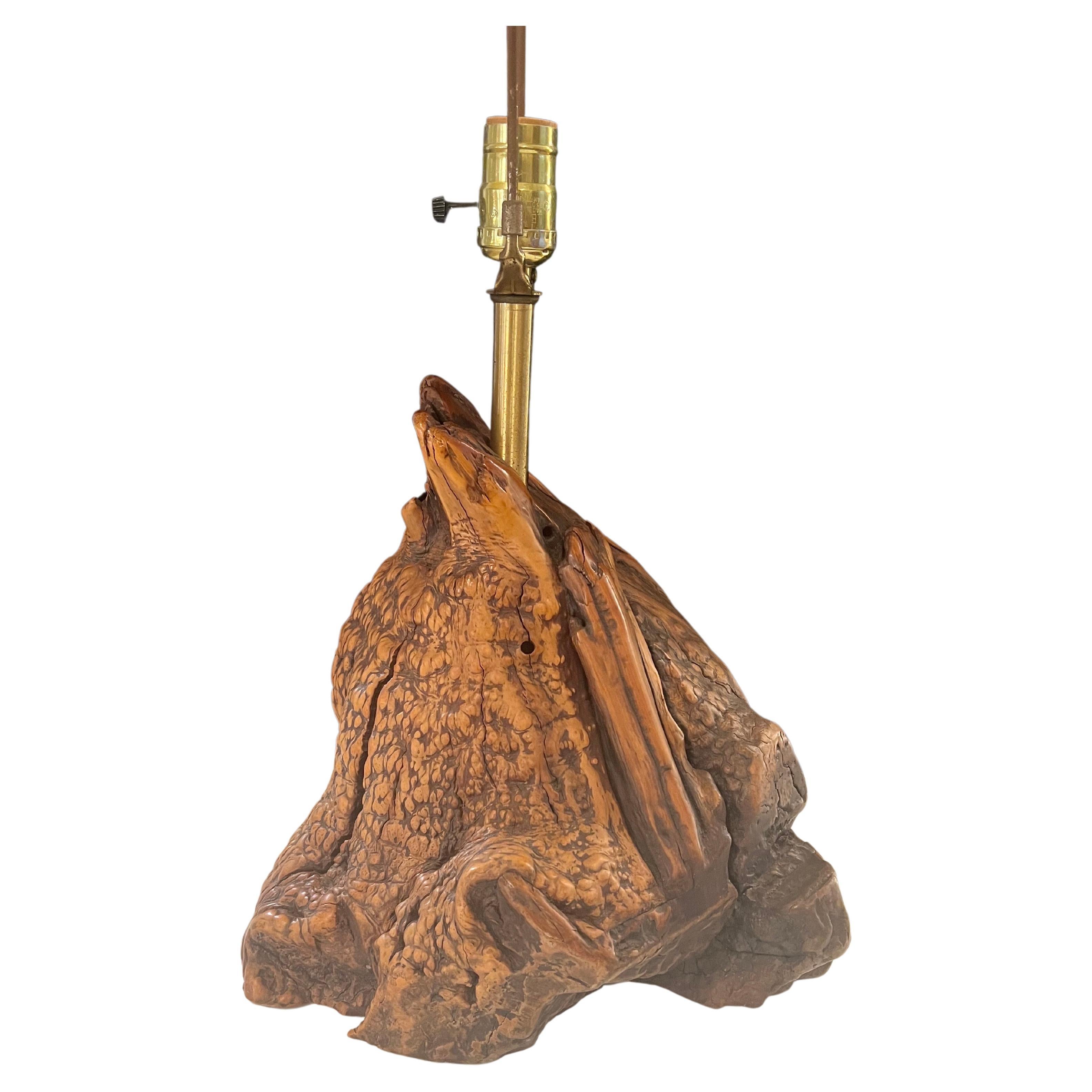 Striking burl wood table lamp with brass fittings, circa the 1970s, nice working condition lamp shade is not included. It is 16