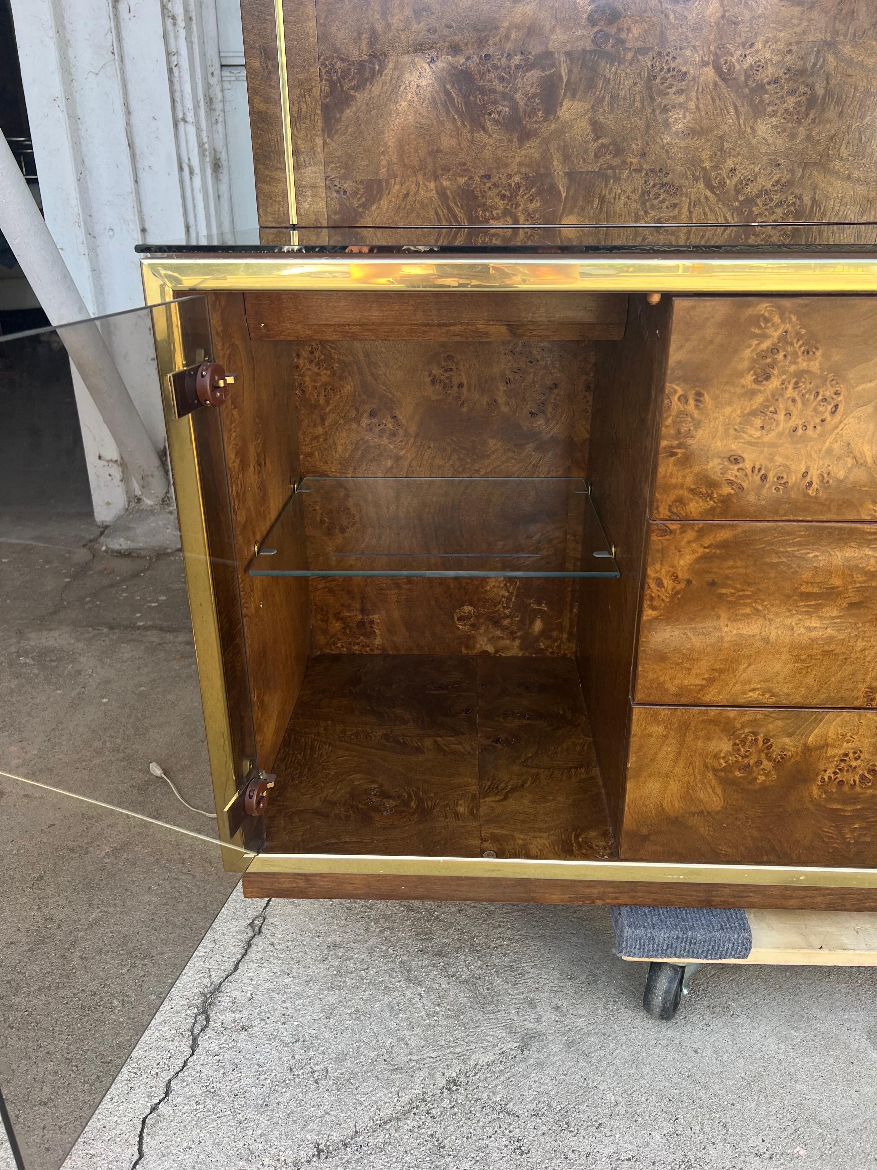 American 1970s Burlwood and Brass Dressing Credenza in the manner of Milo Baughman