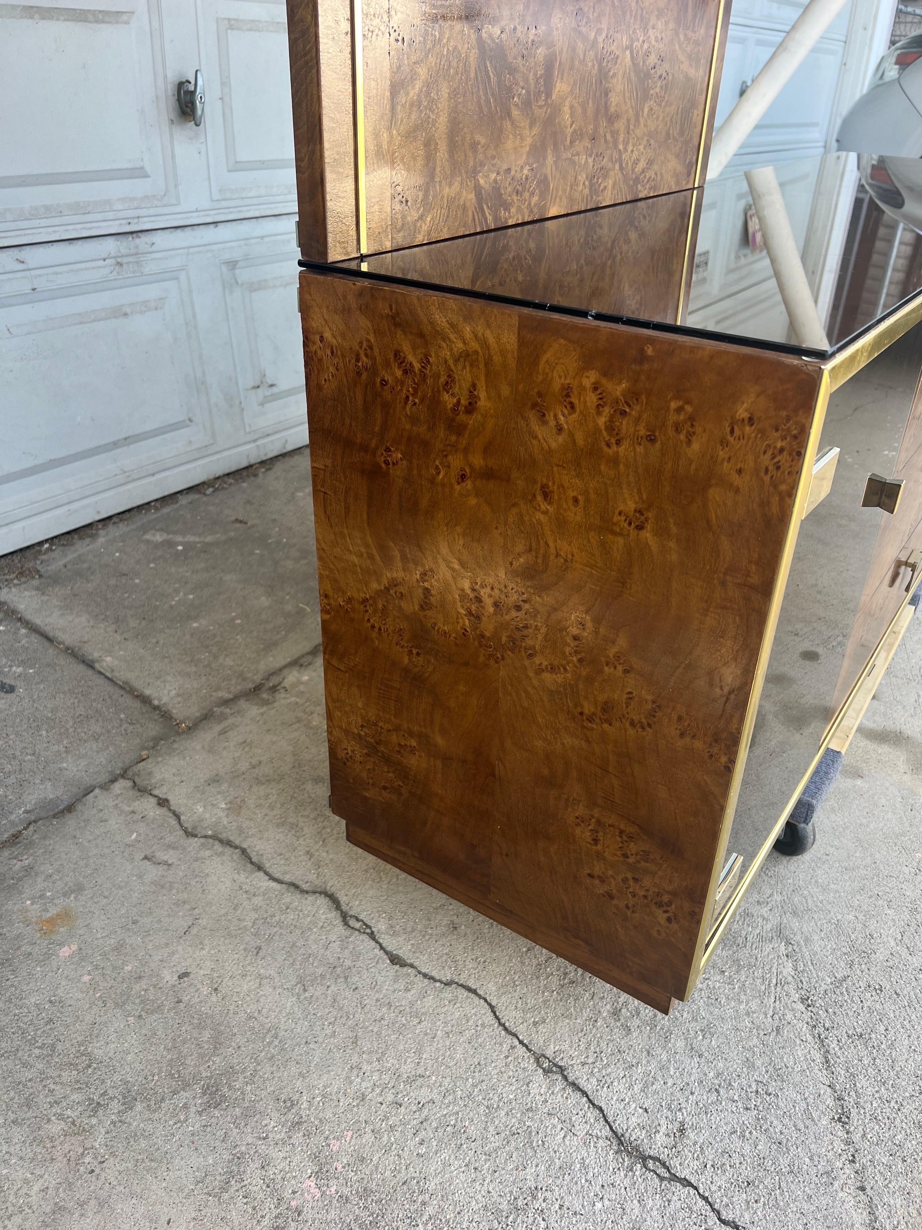 1970s Burlwood and Brass Dressing Credenza in the manner of Milo Baughman 1