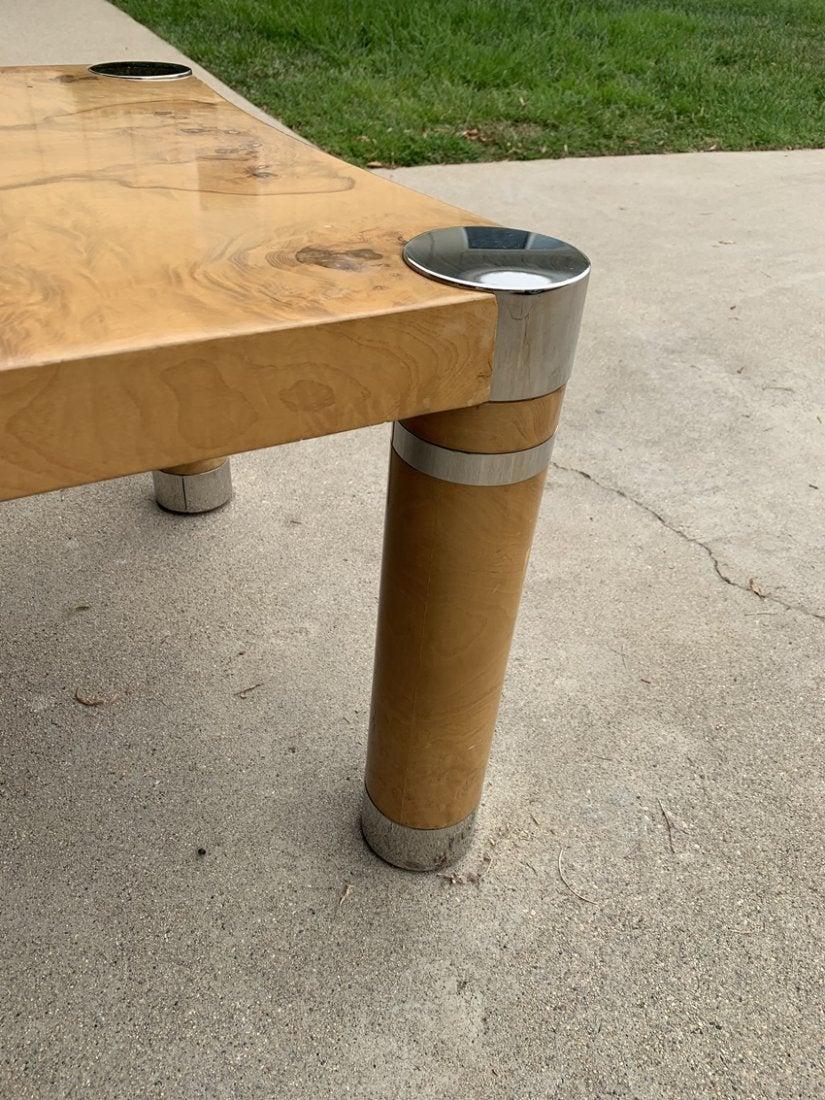 1970s Burlwood and Stainless Steel Coffee Table by Karl Springer 8