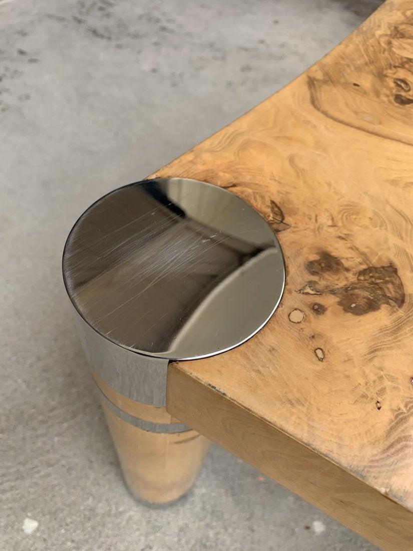1970s Burlwood and Stainless Steel Coffee Table by Karl Springer 10