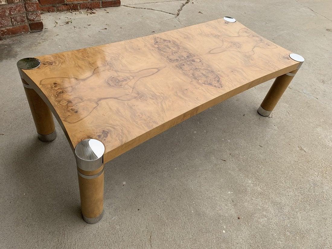 1970s Burlwood and Stainless Steel Coffee Table by Karl Springer 11