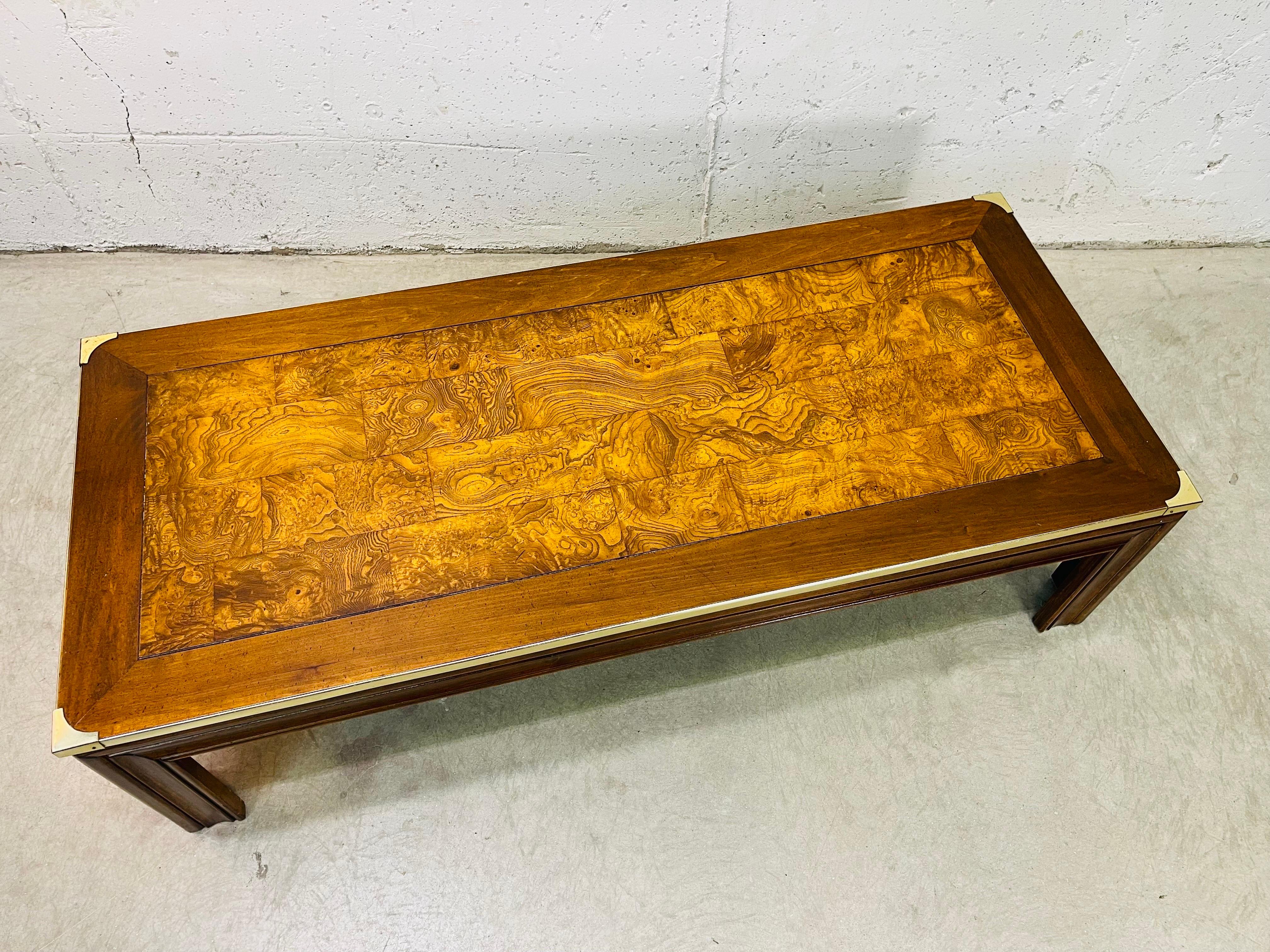 Mid-Century Modern 1970s Burlwood & Brass Coffee Table For Sale