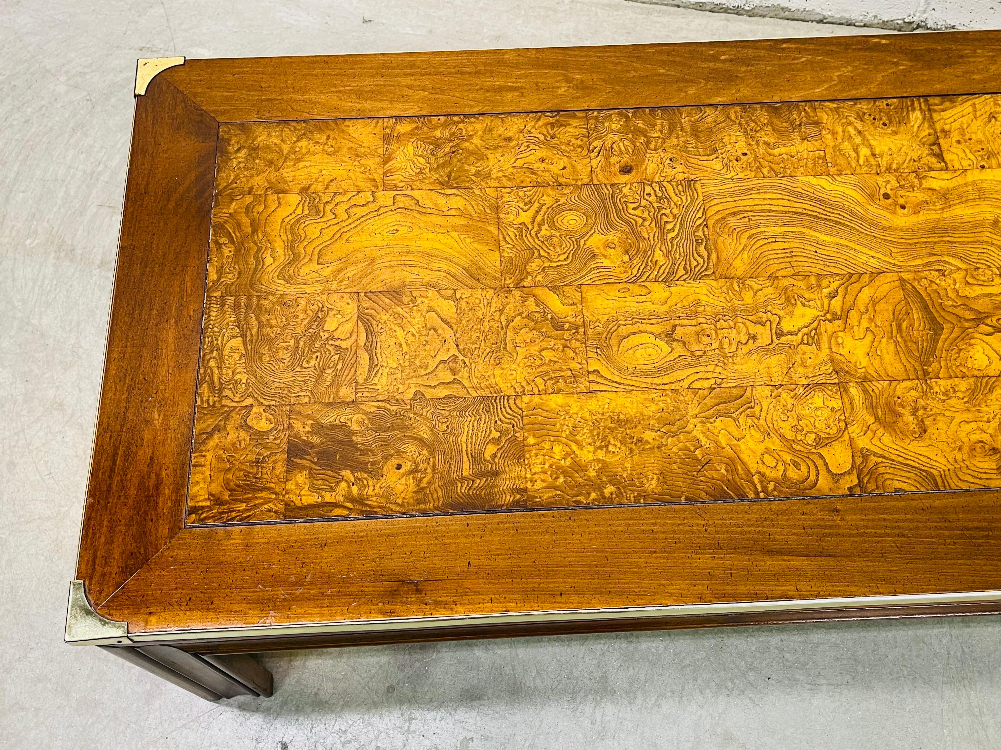 1970s Burlwood & Brass Coffee Table In Good Condition For Sale In Amherst, NH