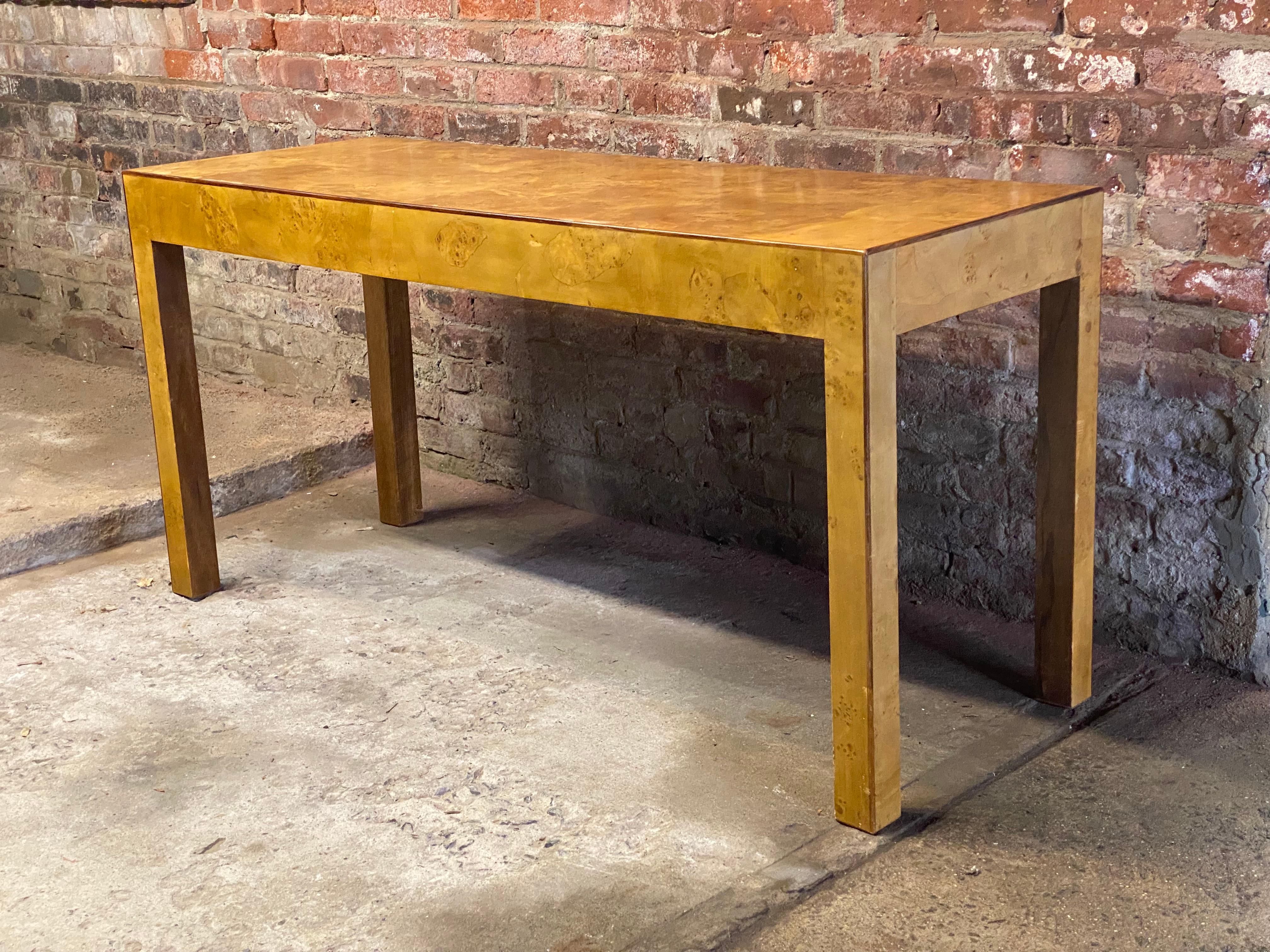 Burlwood with walnut edging 1970s Parsons Table. The classic design can be used as a hall console or sofa table. Knotty burl veneers for an intricate decorative pattern along with the warm dark wood edging along the table top perimeter and legs.