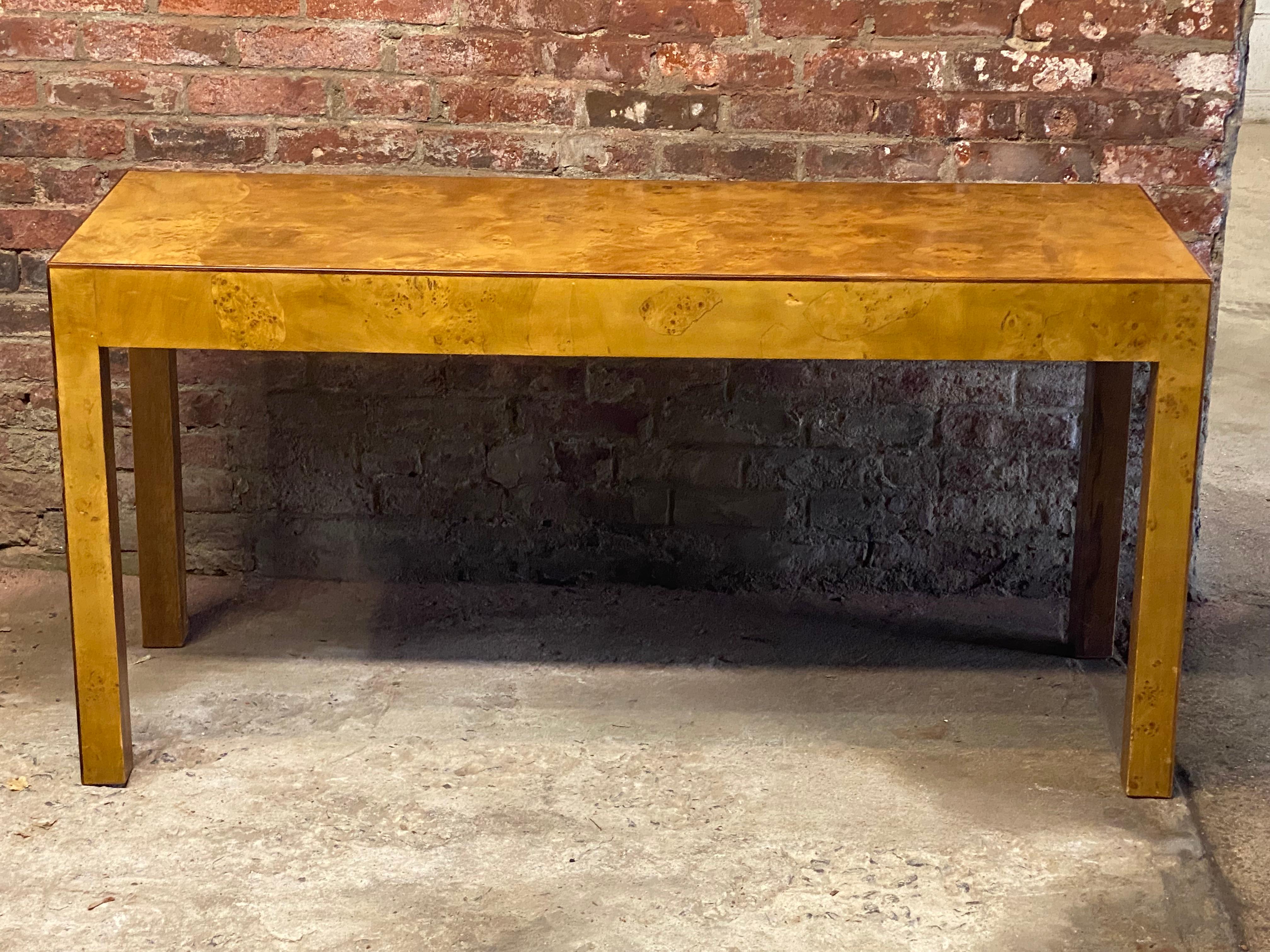American 1970s Burlwood Parsons Console Table